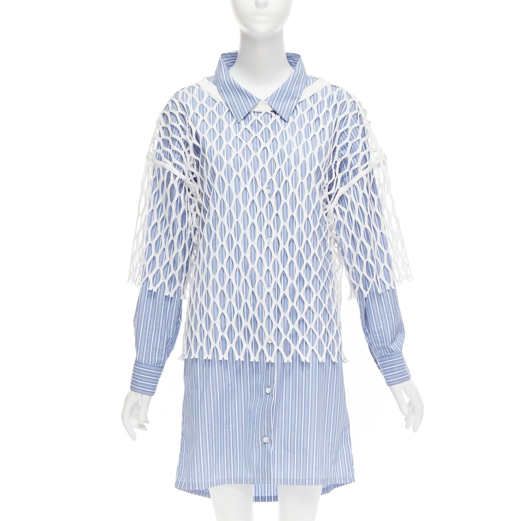 image of Dries Van Noten White Blue Cotton Fishnet Overlay Shirt Dress Fr34 Xs, Women's
