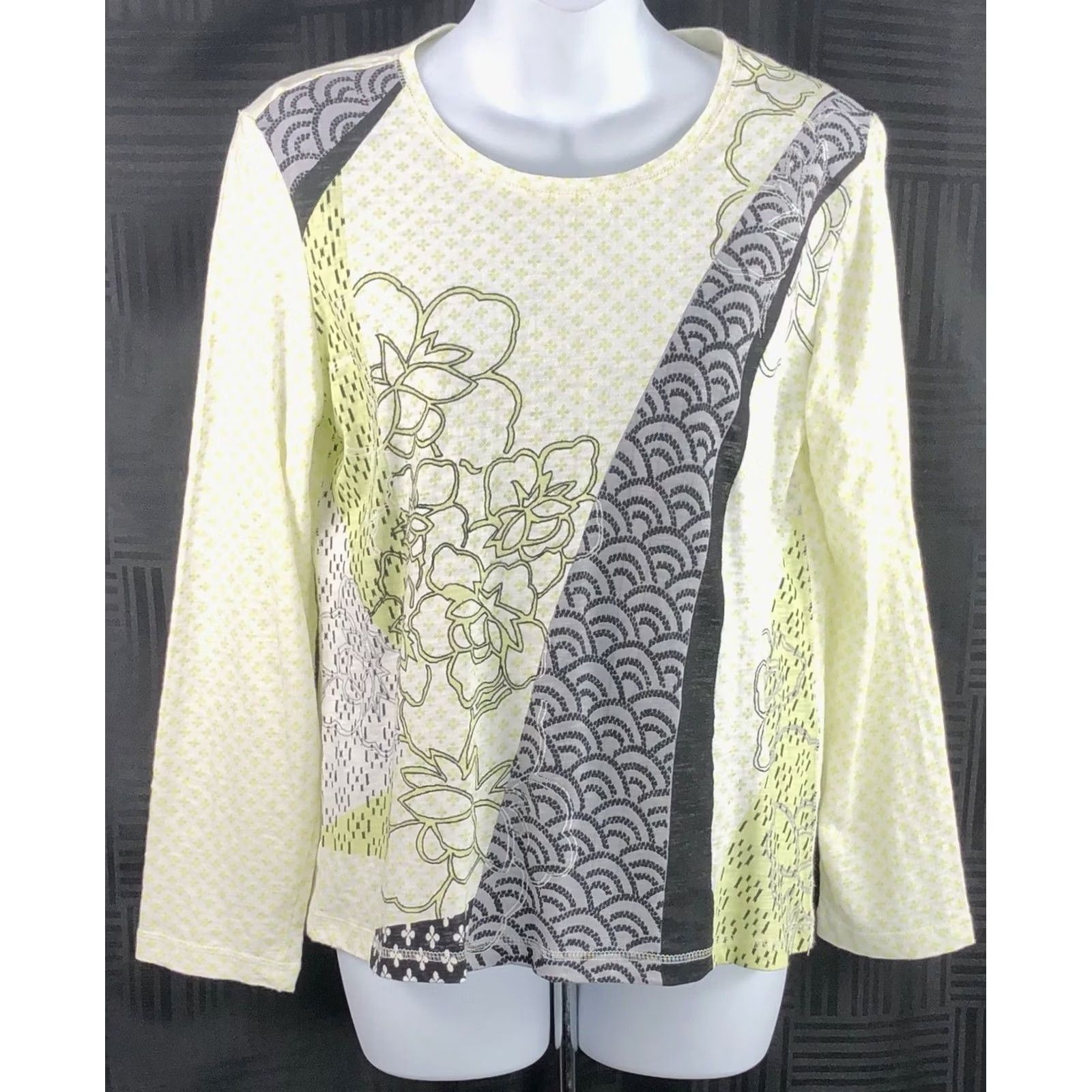 Vintage Chico’s Jersey Top M Lime Gray Floral Geometric Long Sleeve Cotton Shirt Adult Women's Casual Shirt Size M / US 6-8 / IT 42-44 - 5 Thumbnail