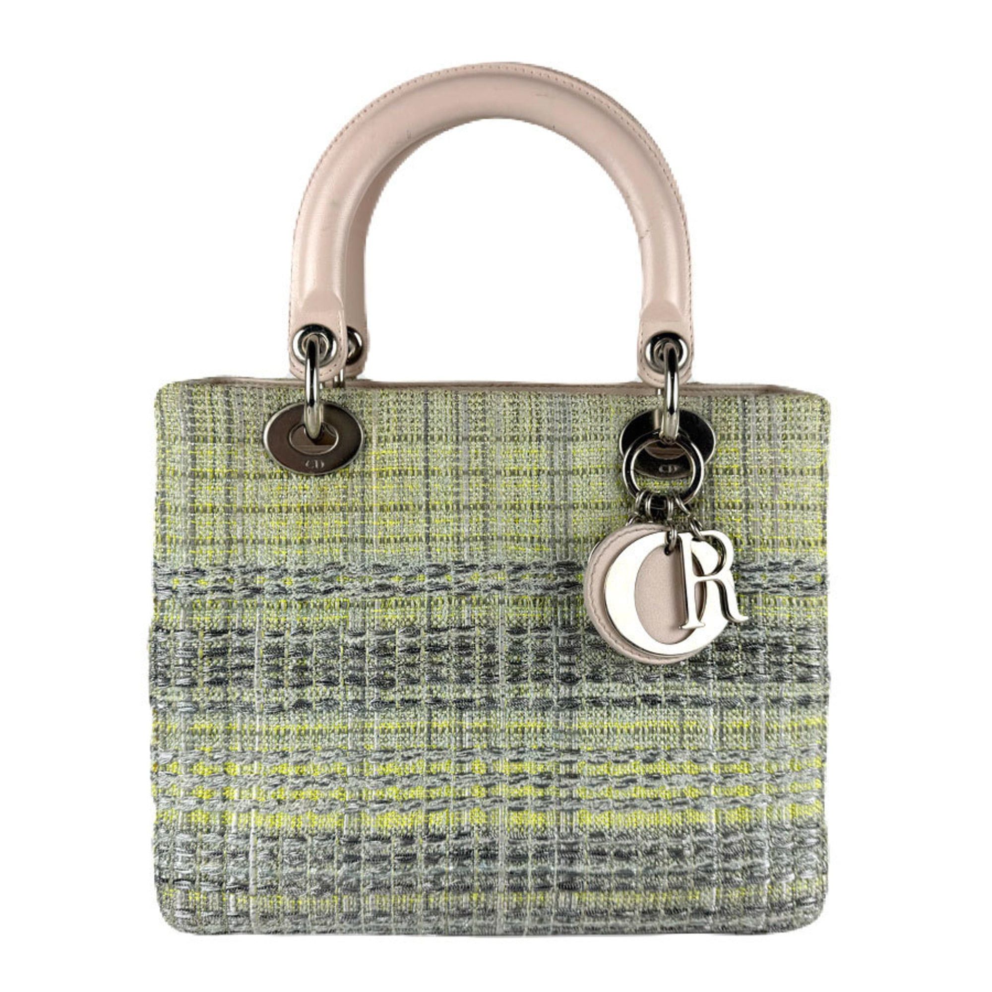 Christian Dior Lady Handbag Shoulder Bag in Tweed/Leather Green/Pink Beige Women's Z8007