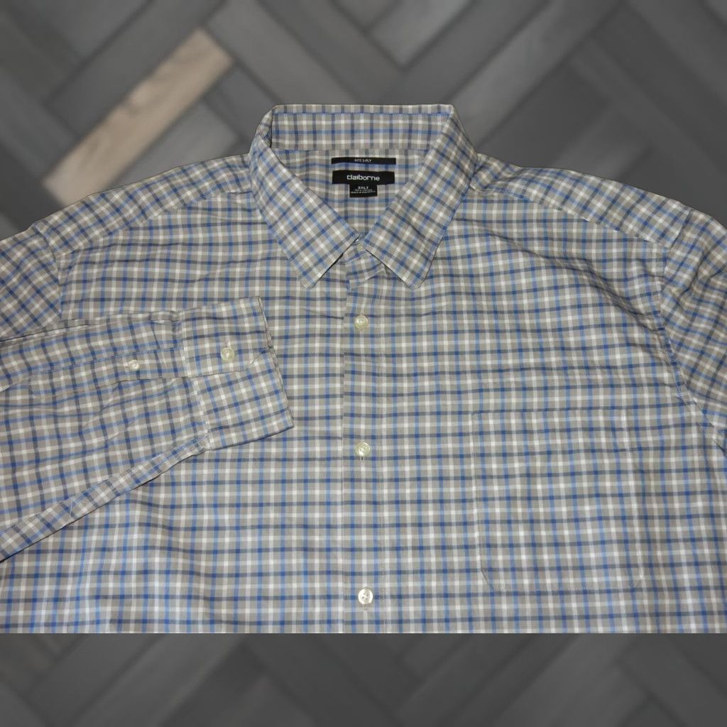 Liz Claiborne VINTAGE Claiborne Men's Dress Shirt Big & Tall 3XLT Long Sleeve Plaid Cotton Gray Size US XXL / EU 58 / 5 - 1 Thumbnail