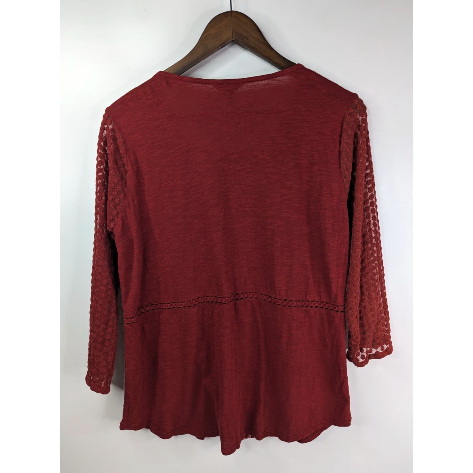 Lucky Brand Lucky Brand Blouse Shirt Long Sleeve Round Neck Red Burgundy Women L Lace Peasant Top Size L / US 10 / IT 46 - 3 Thumbnail