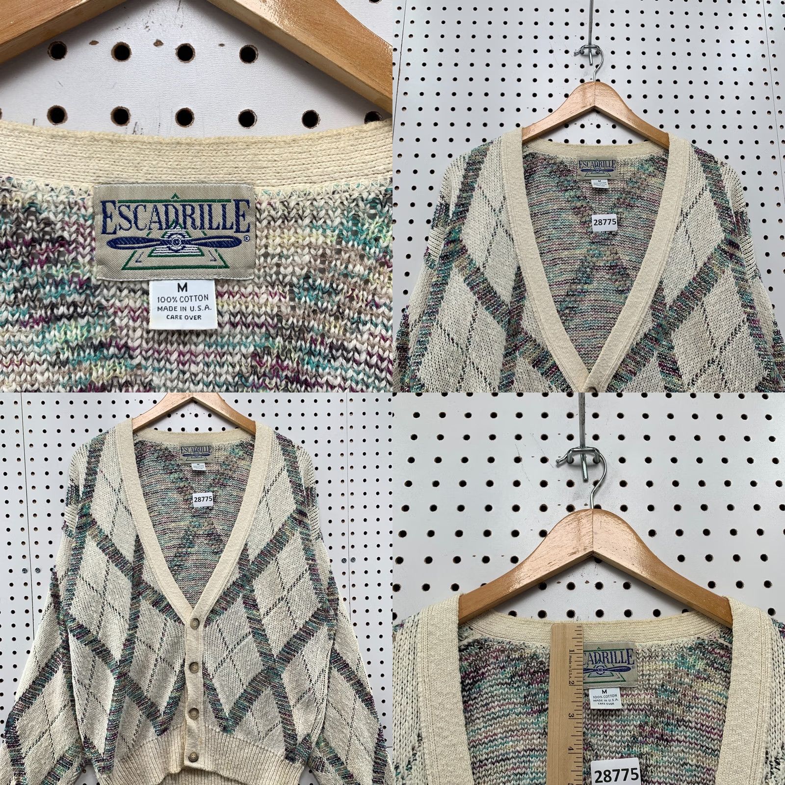 Vintage VINTAGE Escadrille Knit Cardigan Sweater Mens M Beige Argyle 90s USA 23X27 Size US M / EU 48-50 / 2 - 8 Thumbnail