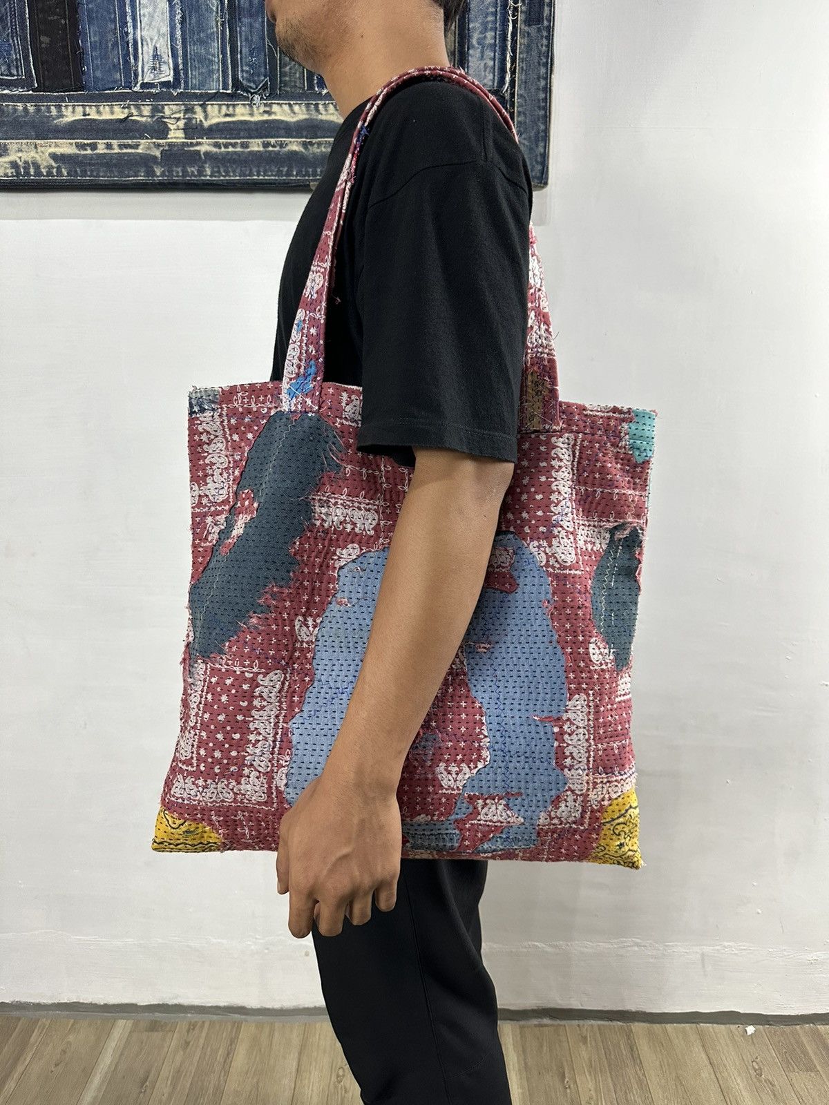Handmade Custom Made Distressed denim Patchwork Boro Paisley tote bag Size ONE SIZE - 4 Thumbnail