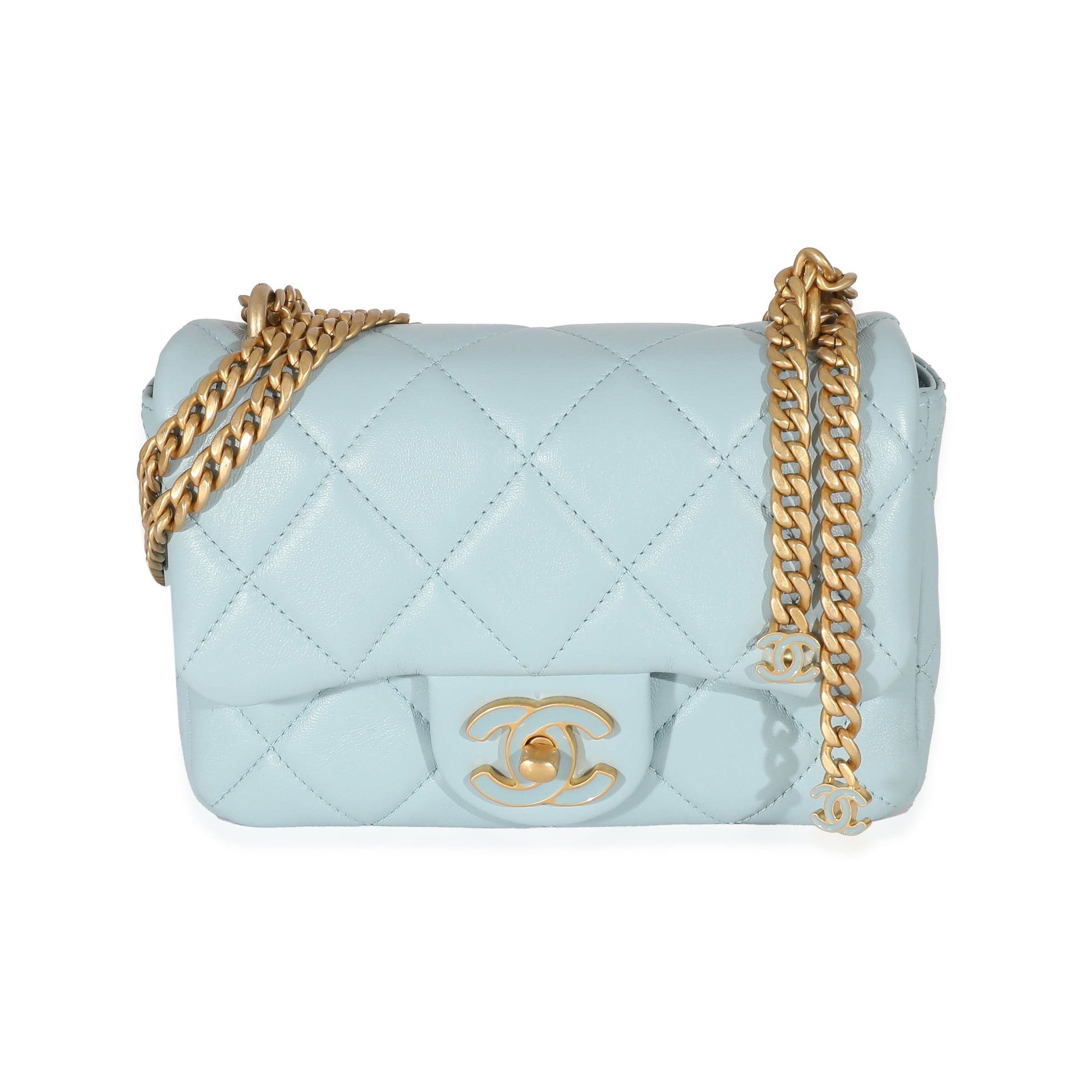 Chanel 22P Blue Lambskin Enamel Mini Pending Square Flap Bag