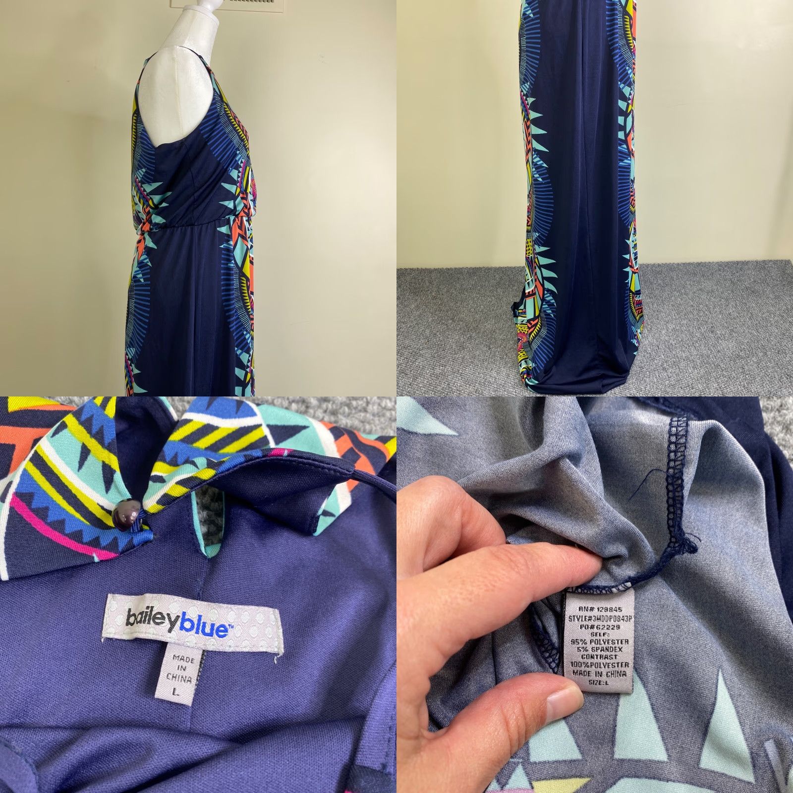 Vintage Bailey Blue Maxi Dress Womens Large Blue Geometric Tribal African Stretch Party/Cocktail Casual Travel Size L / US 10 / IT 46 - 9 Thumbnail