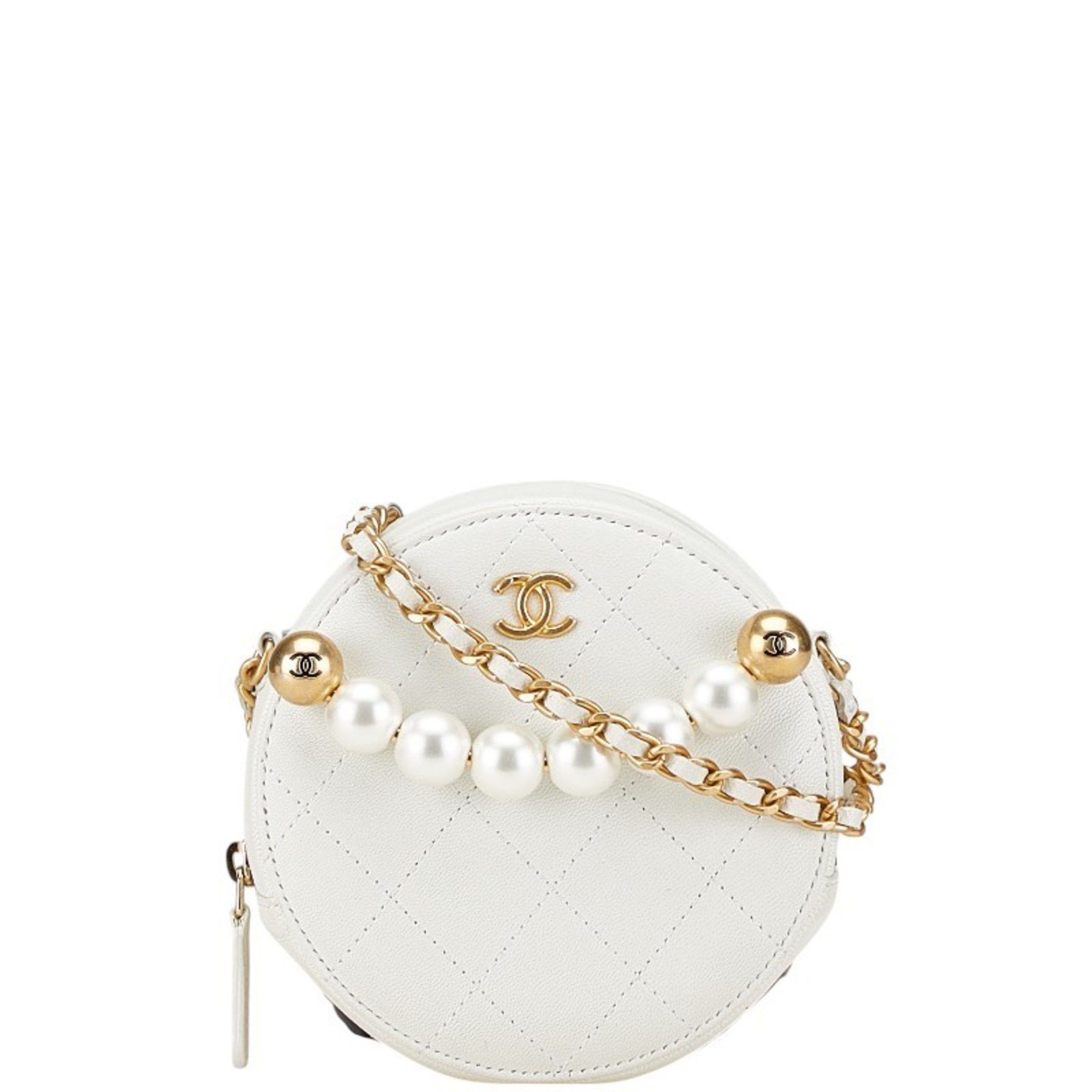 Chanel Coco Mark Matelasse Chain Mini Shoulder Bag White Leather Faux Pearl Women's Chanel