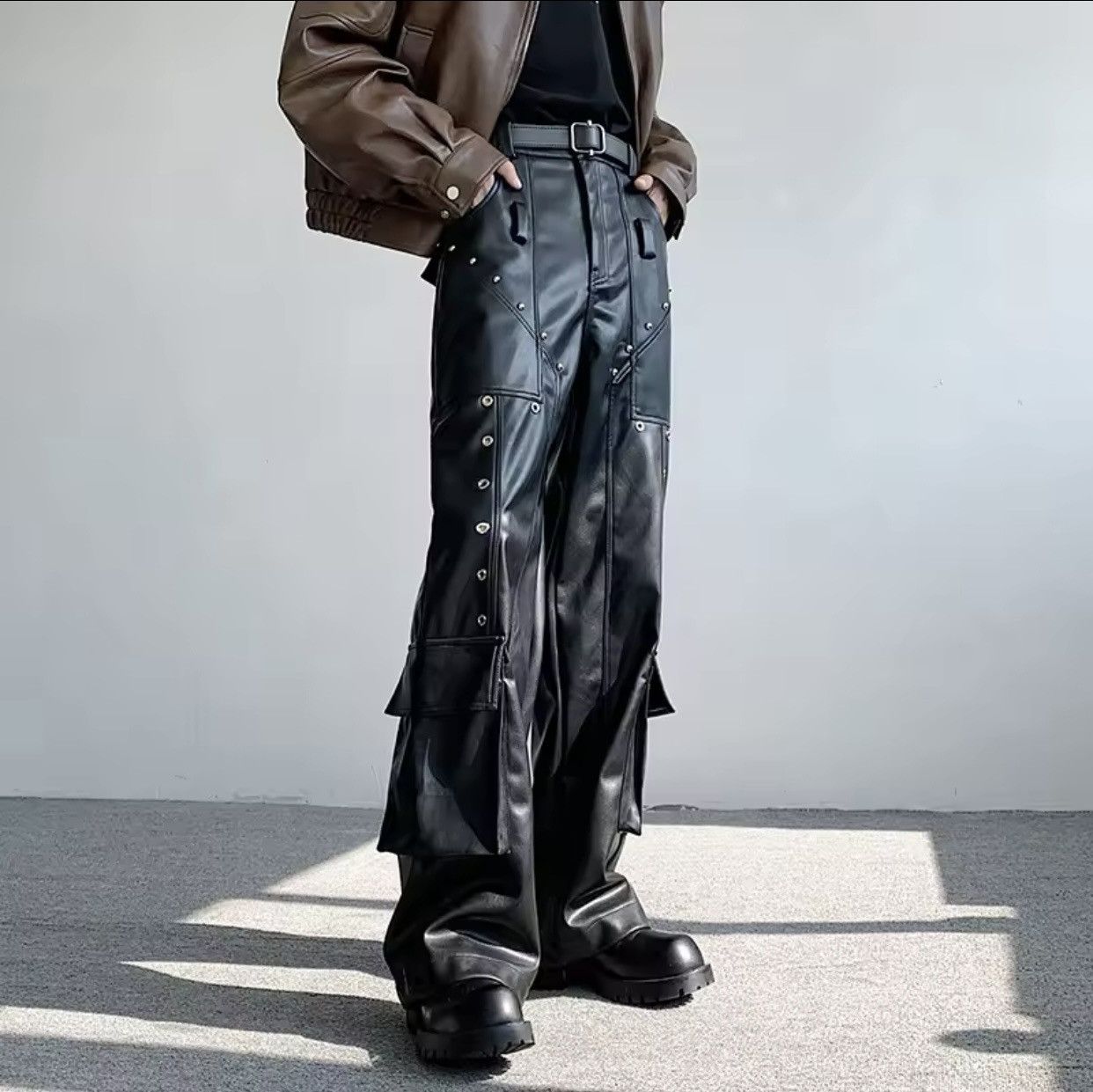 Japanese Brand × Vintage Leather Trousers Rivet Niche Design PU Casual Pants Size US 35 - 1 Thumbnail