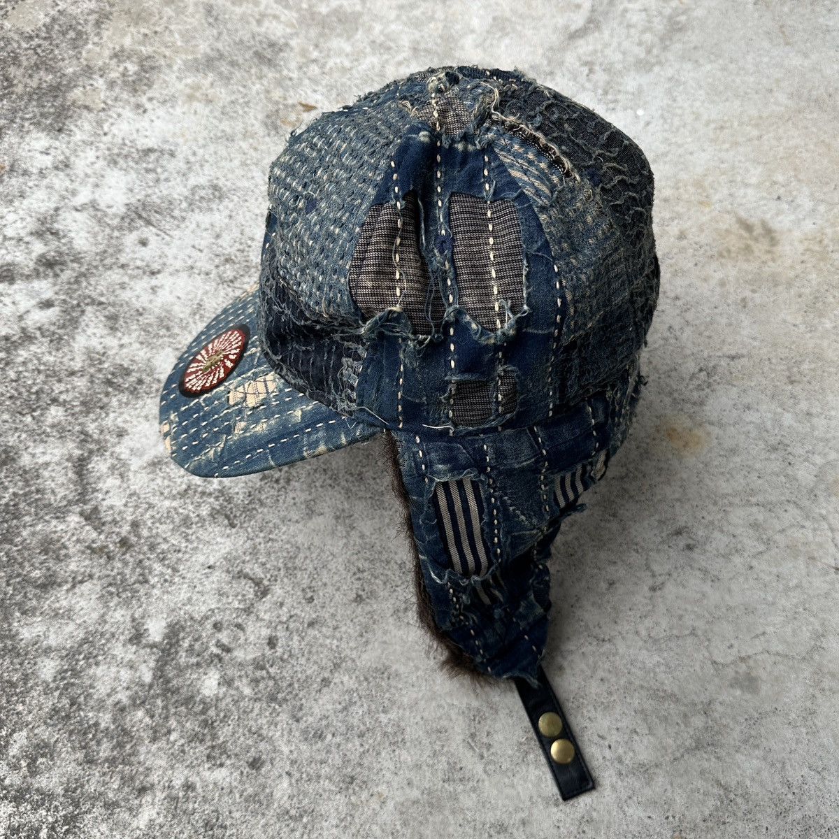 image of Kapital x Kapital Kountry Boro Trooper Aviator Fur Denim Quilted Beanie Trapper in Blue, Men's