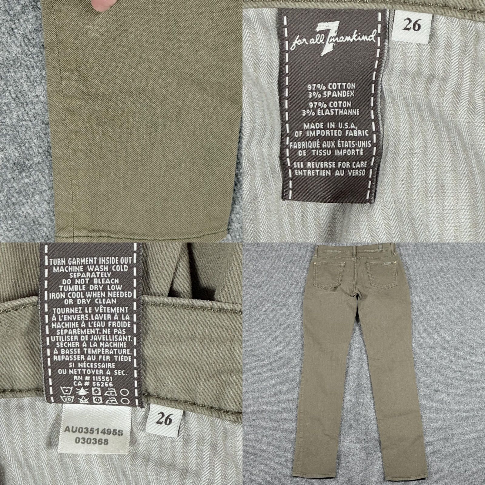 7 For All Mankind VINTAGE 7 For All Mankind Jeans Womens 26 Olive Green Distressed Skinny Stretch USA Size 26" / US 2 / IT 38 - 8 Thumbnail