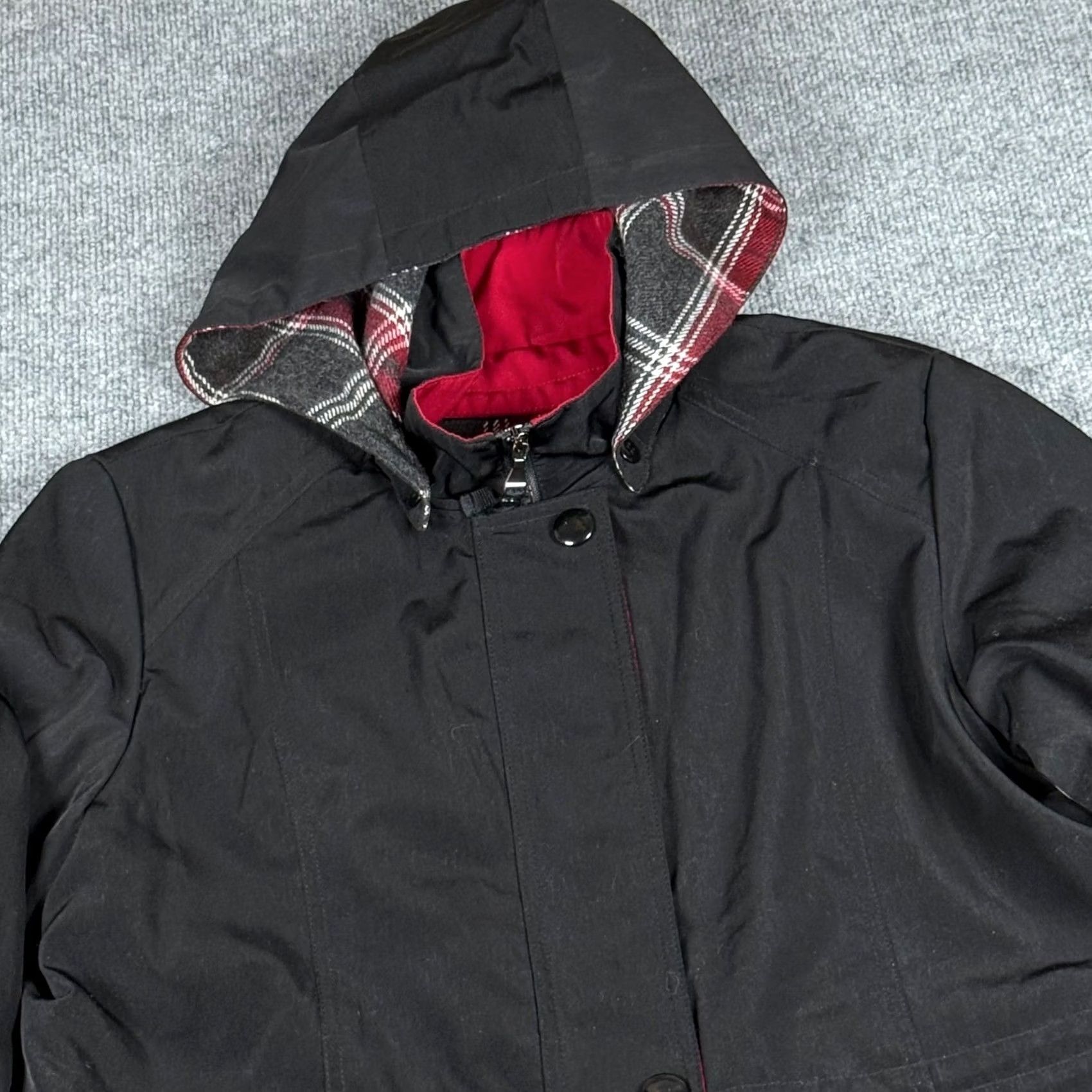 Vintage VINTAGE Braetan Black Plaid Lined Mid-Length Jacket Coat with Removable Hood Full Zip Wool Blend Liner Women's M Parka Outerwear Size M / US 6-8 / IT 42-44 - 2 Thumbnail