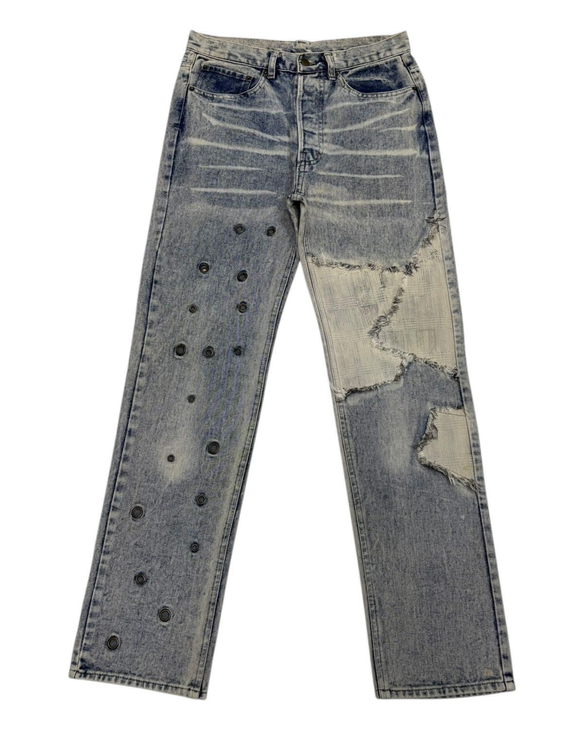 Japanese Brand × Undercover Rulin Distressed Patchwork Grommet Denim Ruin Jeans Size US 31 - 1 Thumbnail