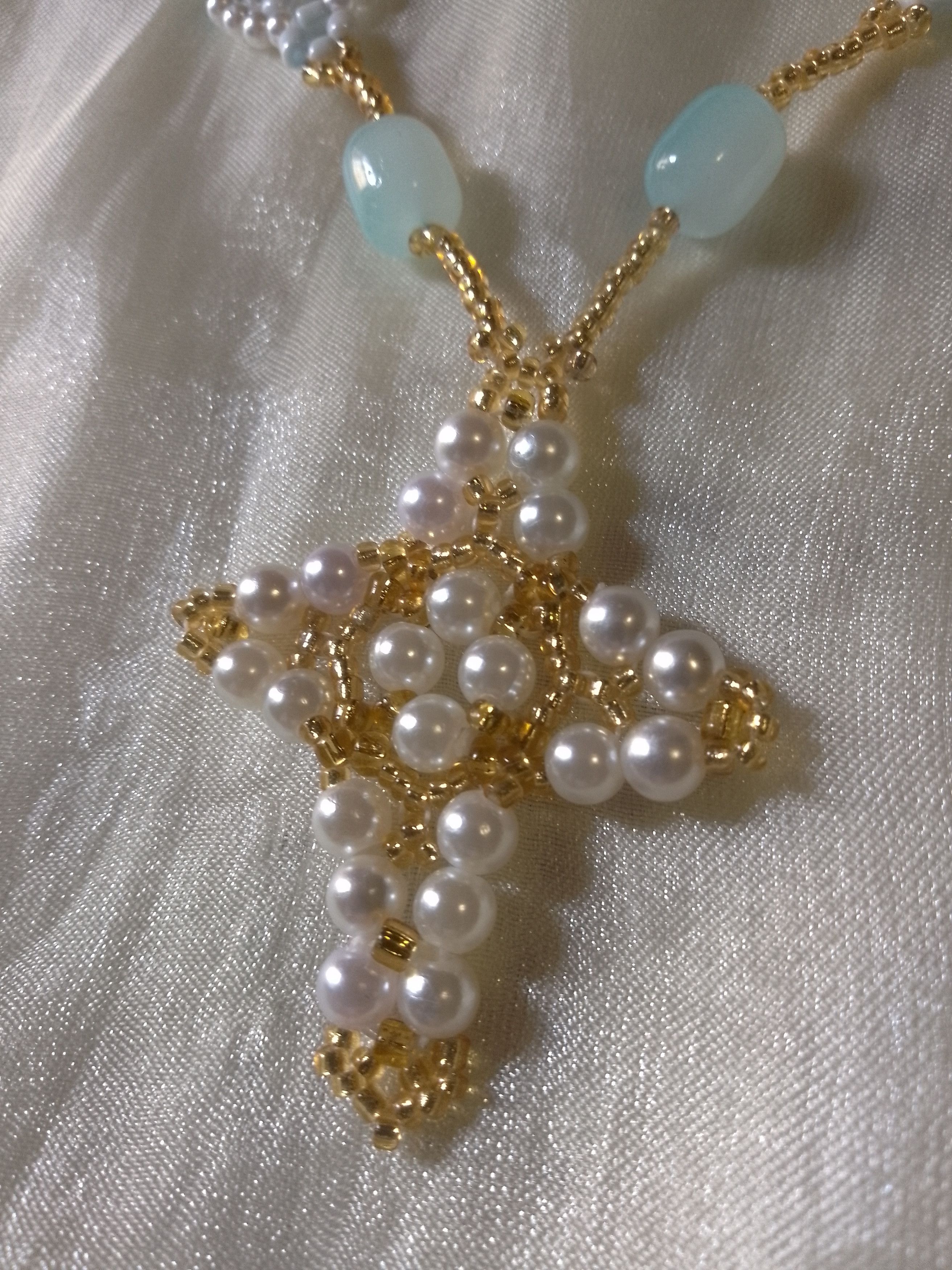 Other Necklace Cross Pearls Blue gemstones vintage style Size ONE SIZE - 2 Thumbnail