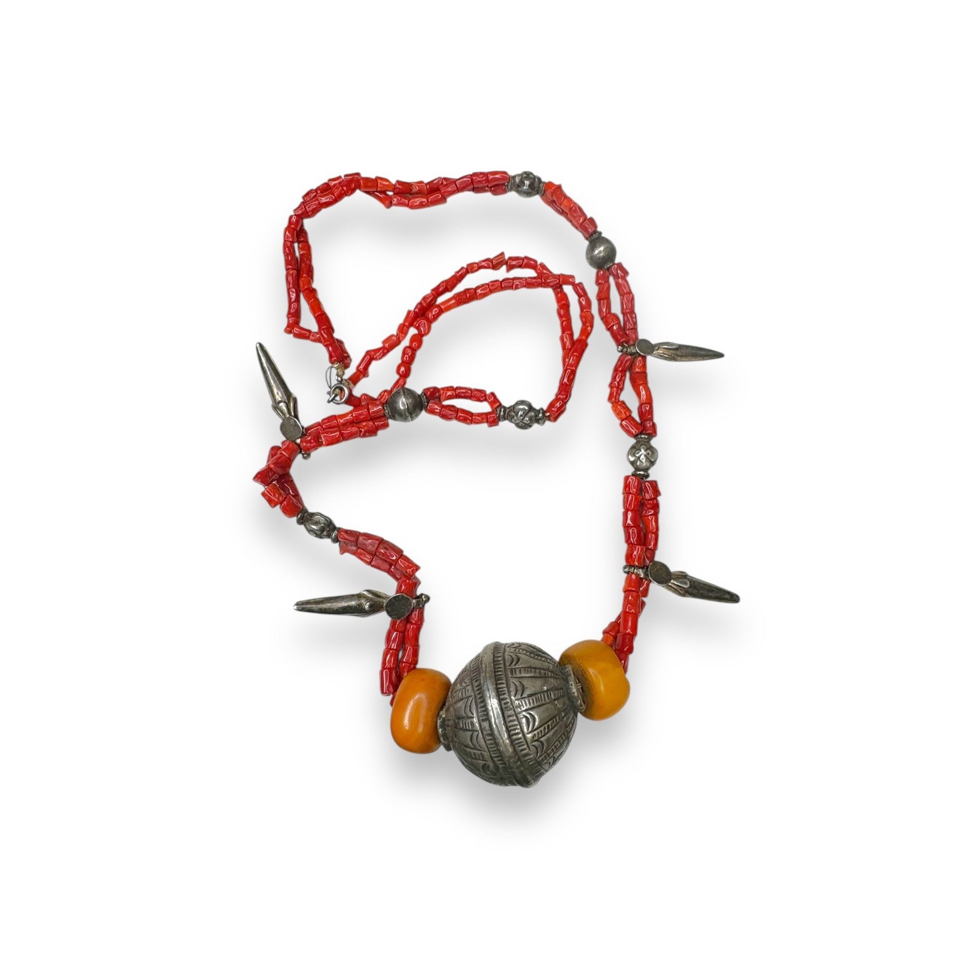 Other Antique Tribal Necklace Sterling Amber Coral Beads 30" State Size ONE SIZE - 5 Thumbnail