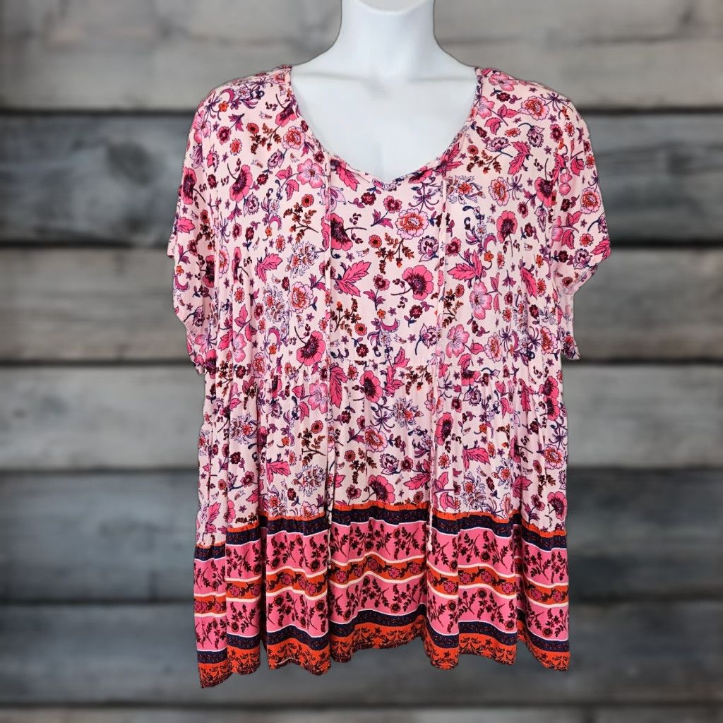 Torrid Torrid Womens Blouse Sz 4X Pink Orange Floral Short Sleeve Rayon Scoop Neck Shirt Womens Size XXL / US 16-18 / IT 52-54 - 1 Thumbnail