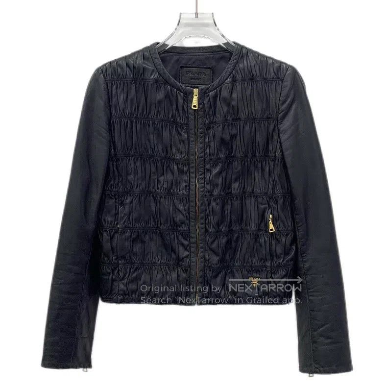 Prada Black pleated sheepskin zipper long-sleeved leather