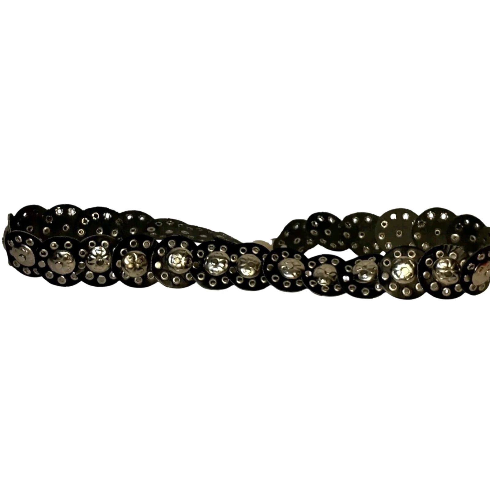 Vintage VINTAGE Clover Belt Unisex Black Leather Round Grommet 4 Leaf Clover Coin 2" ROUND Belt Width Wide One Size Adjustable Women Men Size ONE SIZE - 4 Thumbnail