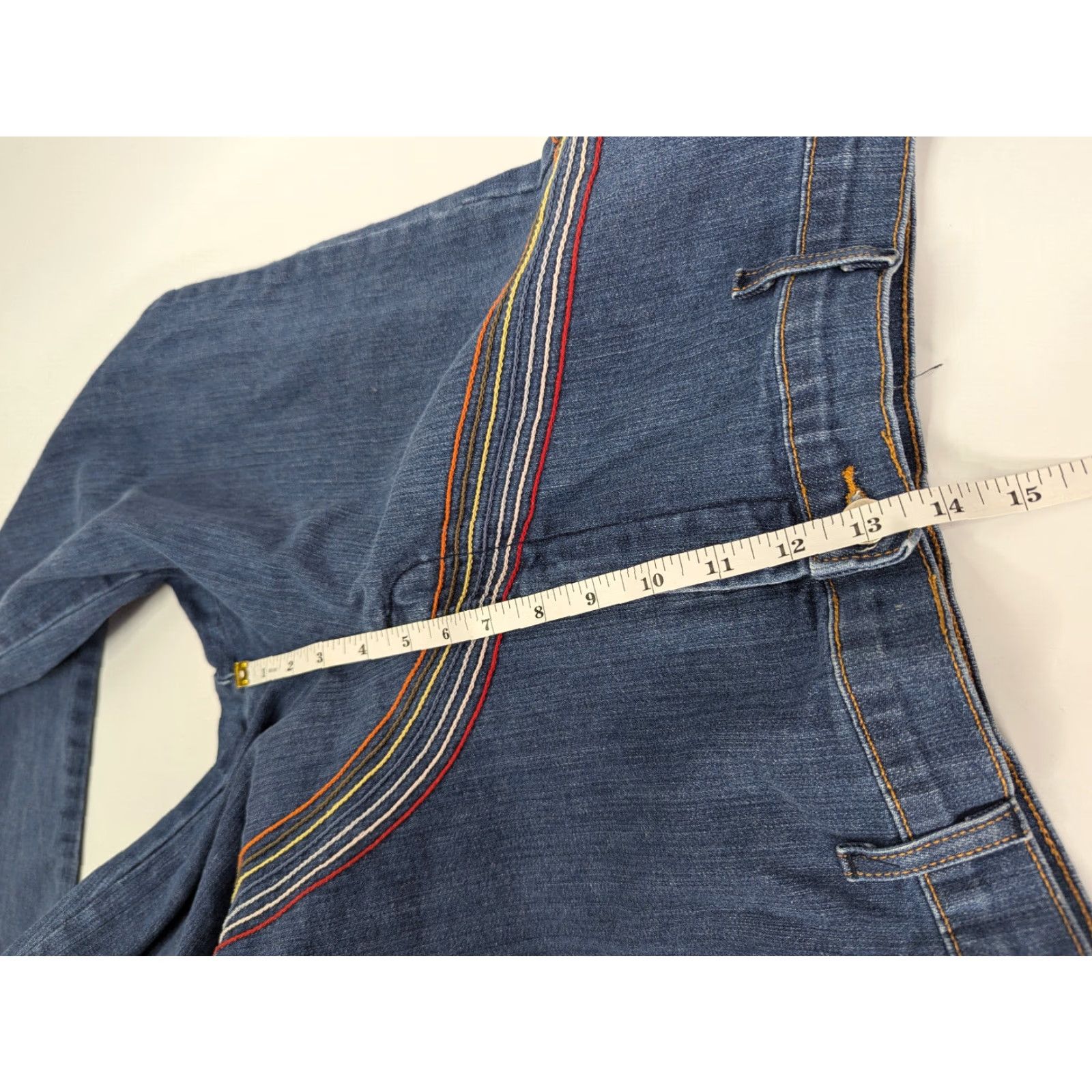 Vintage Fervour Jeans Womens Flared High Rise Denim 31/13 13 Blue Rainbow Hippie Baggy Embroidered Logo USA Size 34" / US 12 / IT 48 - 7 Thumbnail