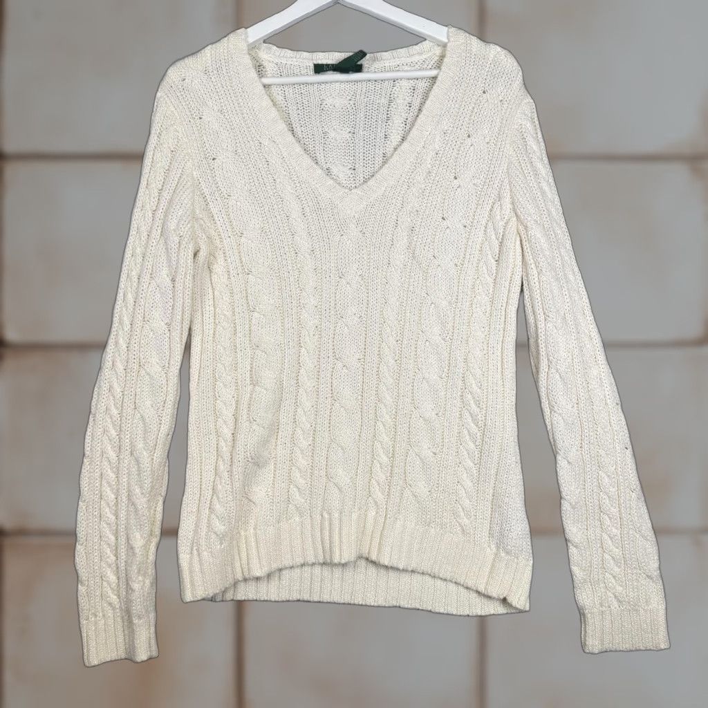 Ralph Lauren VINTAGE Lauren Ralph Lauren Pullover Sweater Shirt Womens L White Cable Knit Large Size L / US 10 / IT 46 - 1 Thumbnail