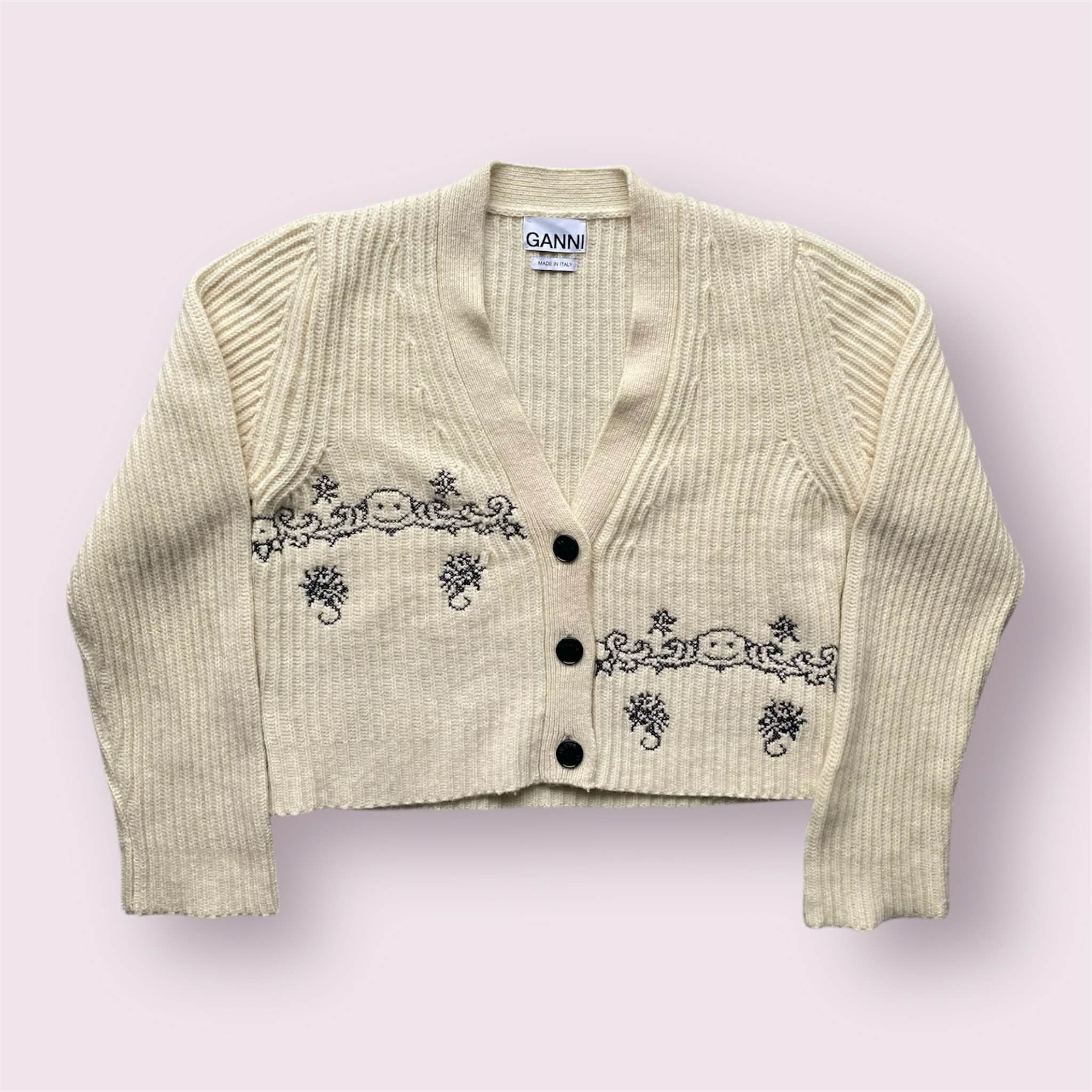 Ganni Ganni Rib Knit Embroidery Cardigan Cream Floral Smiley Size M / US 6-8 / IT 42-44 - 1 Thumbnail