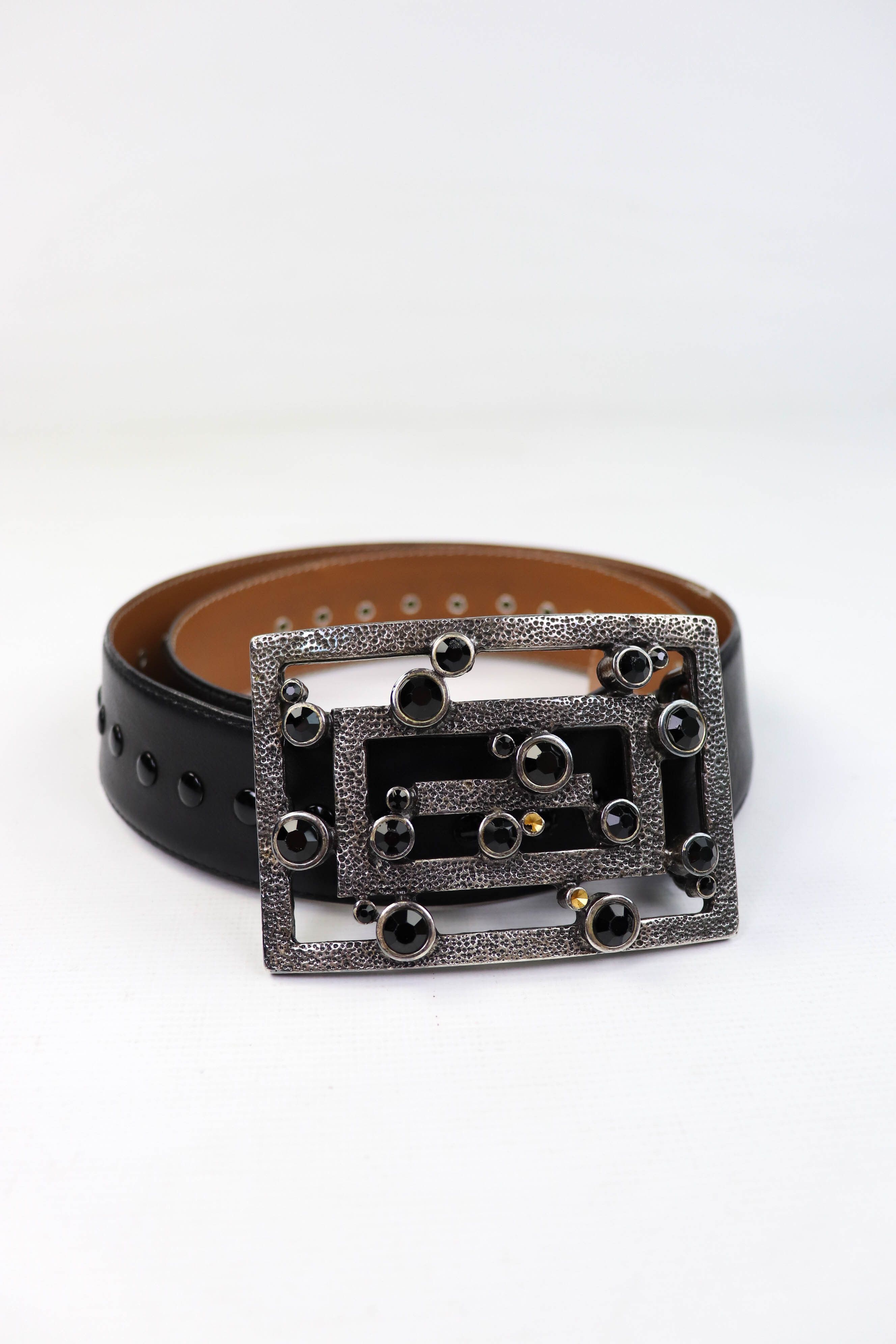 Vintage NOEMI LIBERTI PARIS Rhinestones Buckle Leather Studded Belt Size ONE SIZE - 2 Thumbnail