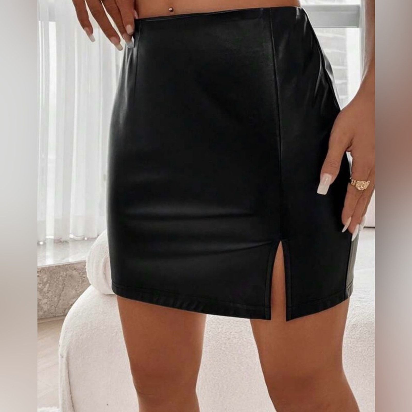 Other New High Waist Split Hem Black Faux Leather Mini Skirt XS Size 25" / US 0 / IT 36 - 4 Thumbnail