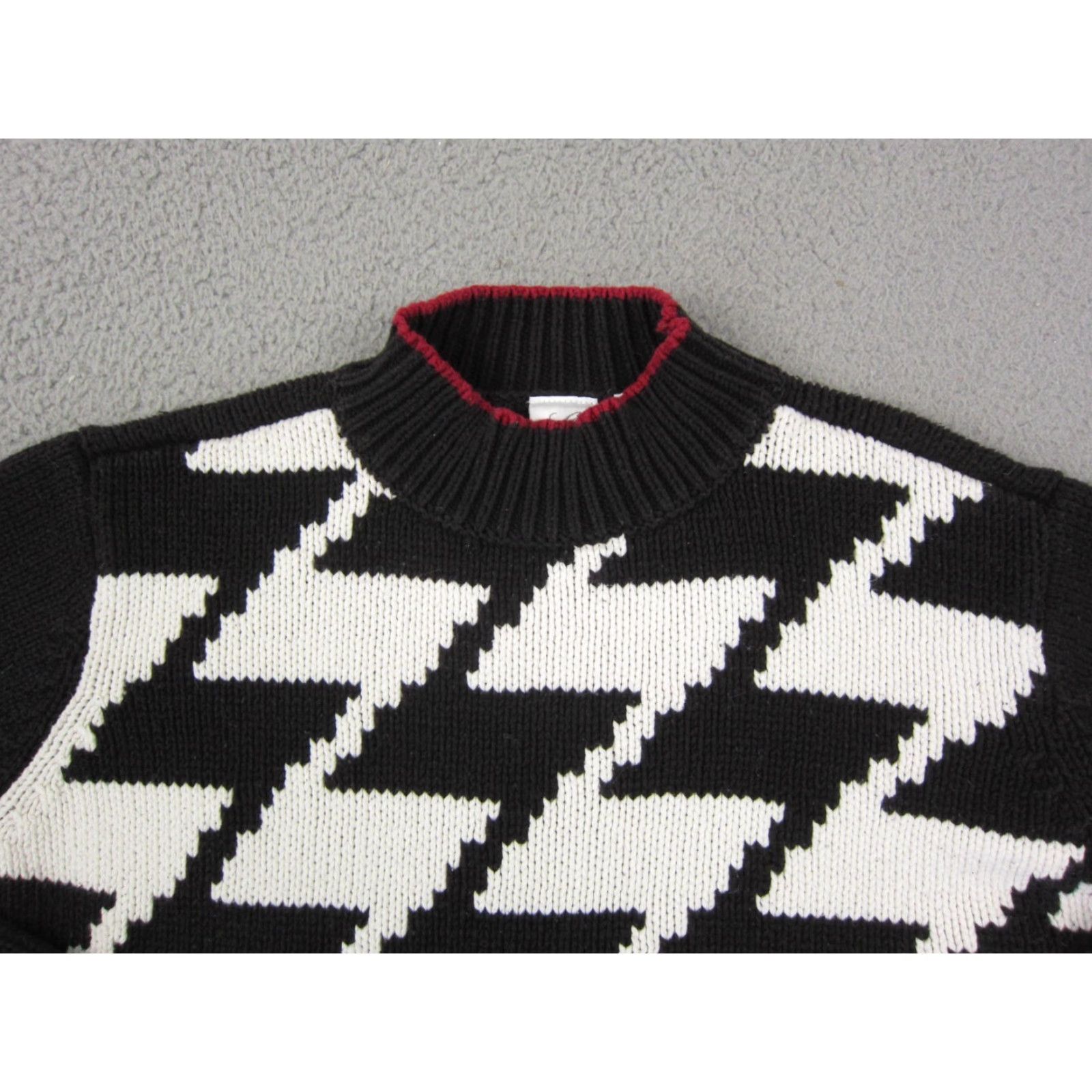 Vintage Emma James Sweater Womens XL Black White Houndstooth Zig Zag Geometric Knit Pullover Mock Neck Long Sleeve Casual 80s 90s Vintage: No Size XL / US 12-14 / IT 48-50 - 2 Thumbnail