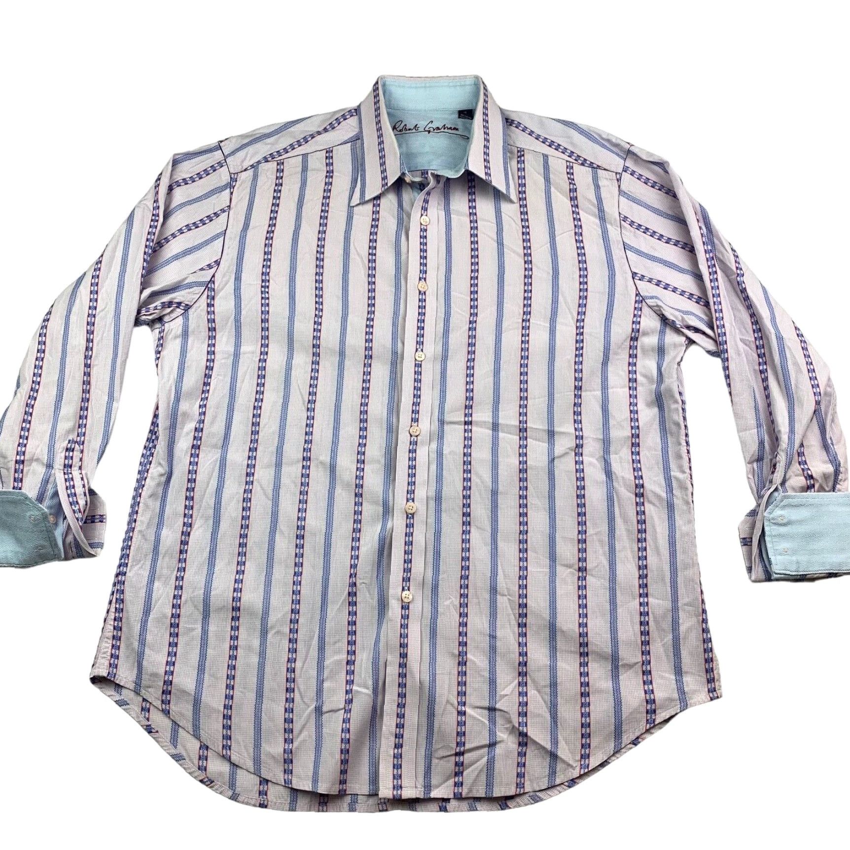 Robert Graham Button-Up Shirt XL Purple/Blue Stripe Flip Cuff Long Sleeve 100% Cotton Mens
