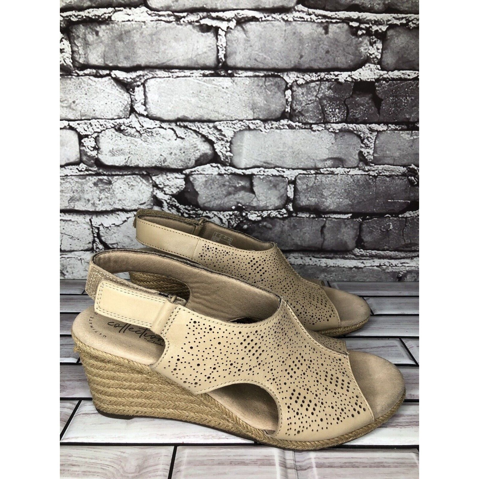 Clarks Clarks Beige Leather Perforated Strap Espadrilles Wedge Sand Size US 8.5 / IT 38.5 - 20 Thumbnail