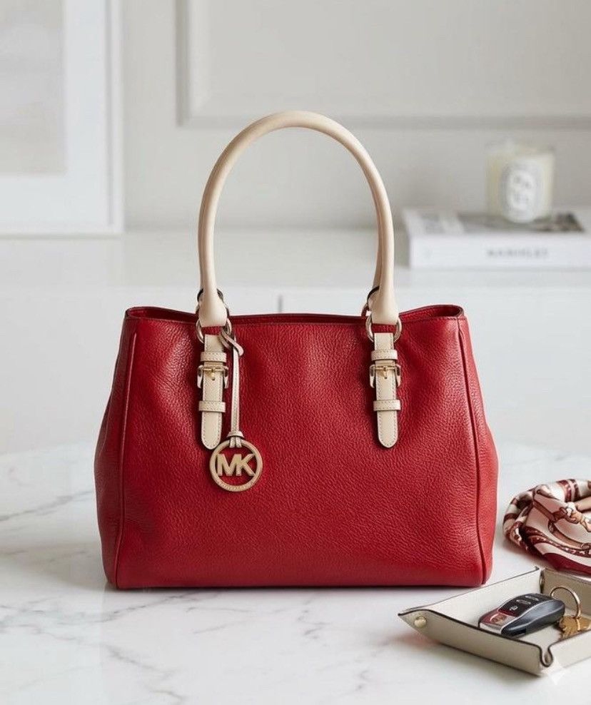 Michael Kors Michael Kors Red Pebbled Leather Shoulder Bag with MK Charm Size ONE SIZE - 1 Thumbnail