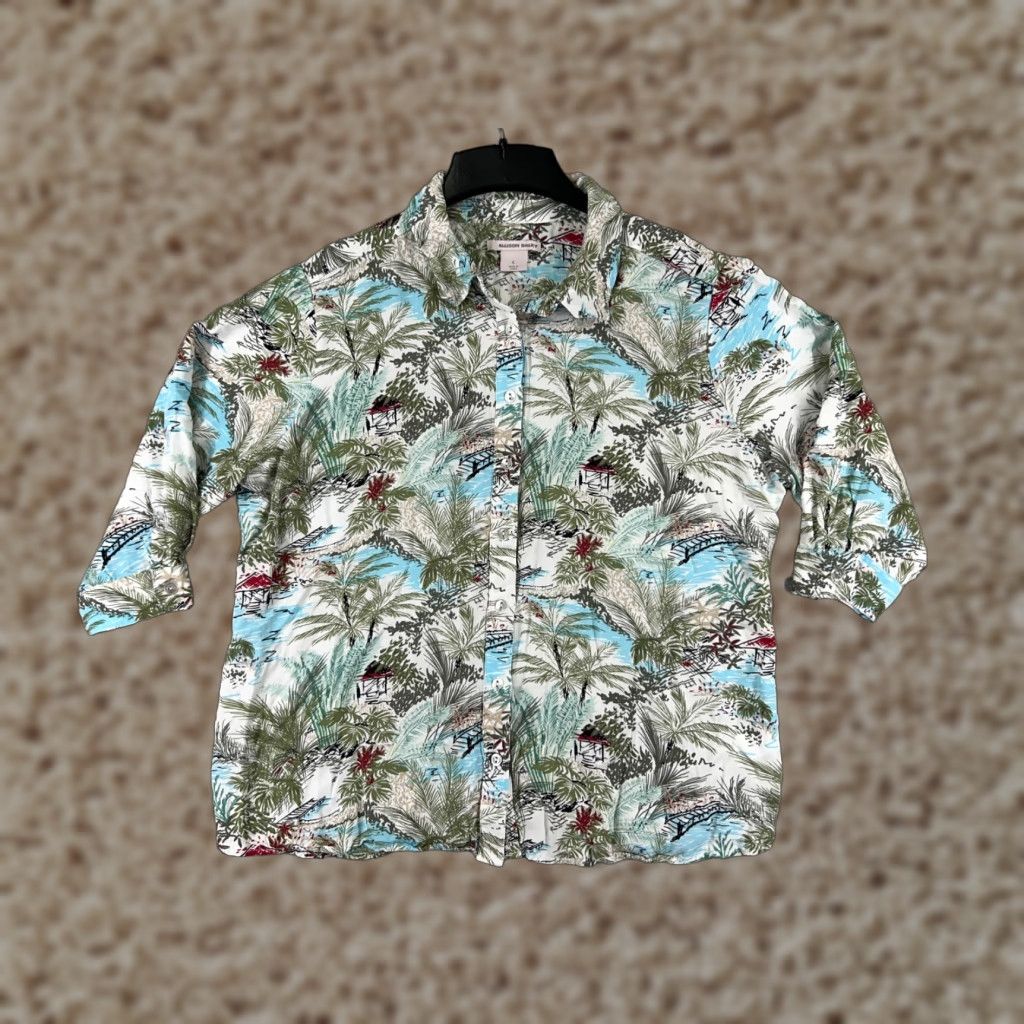 Vintage Allison Daley Shirt Womens Large Green Blue Palm Hut Beach Print 100% Rayon Shirt Womens Large Green Palm Beach 80s 90s Classic Outdoor Mens Women Size L / US 10 / IT 46 - 1 Thumbnail