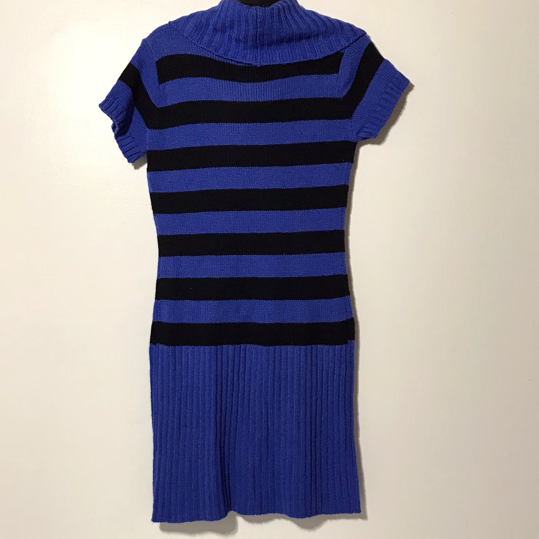 Vintage Sauci Sweater Dress Shirt Midi Dress Women L Cowl Neck Striped Blue/Black Short Sleeve Knit Casual Size L / US 10 / IT 46 - 2 Thumbnail