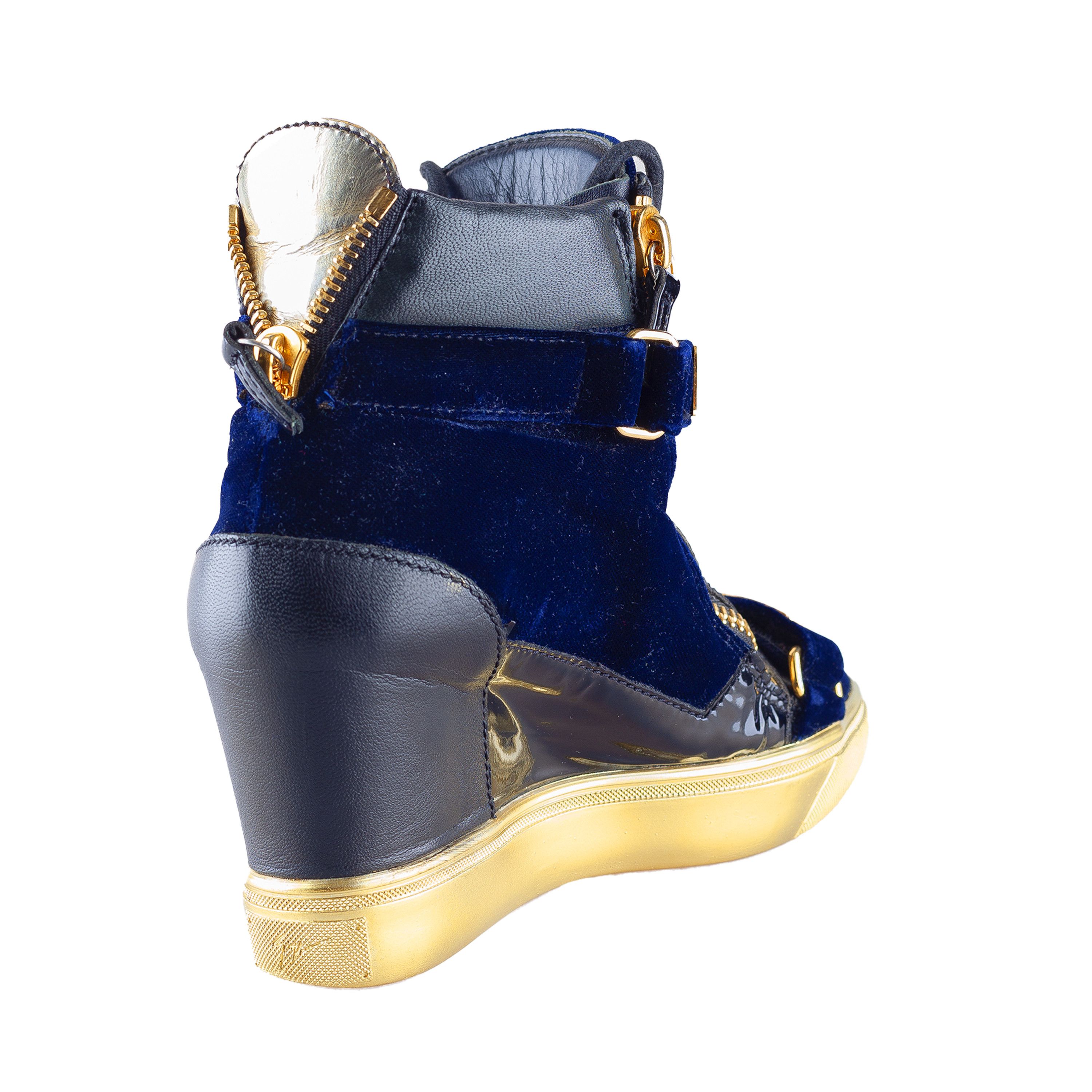Giuseppe Zanotti Giuseppe Zanotti Navy Golden Velour Wedge Sneakers Size US 6.5 / IT 36.5 - 9 Thumbnail