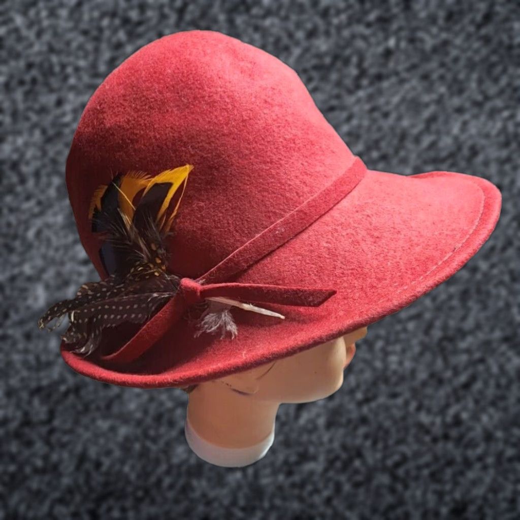 FELT VINTAGE Bollman 1960s Red Wool Womens Hat with Feathers One Size Size ONE SIZE - 1 Thumbnail