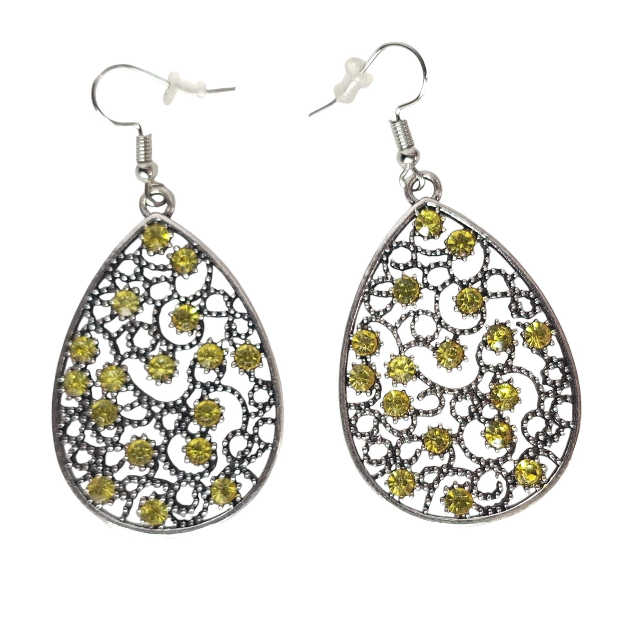 Other Bohemian Silver Openwork Teardrop Earrings Yellow Rhinestone Size ONE SIZE - 1 Thumbnail
