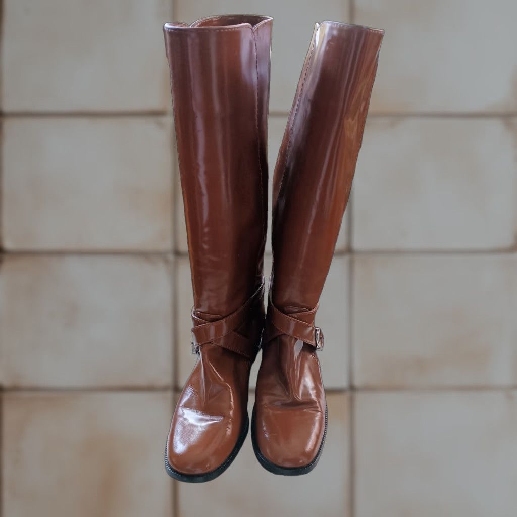 Marc Jacobs VINTAGE Marc Jacobs Boots Brown Patent Leather 39 8 US Women Mid Calf Biker Shaft 16 in Mens Womens Girls Tags: none Size US 8 / IT 38 - 1 Thumbnail
