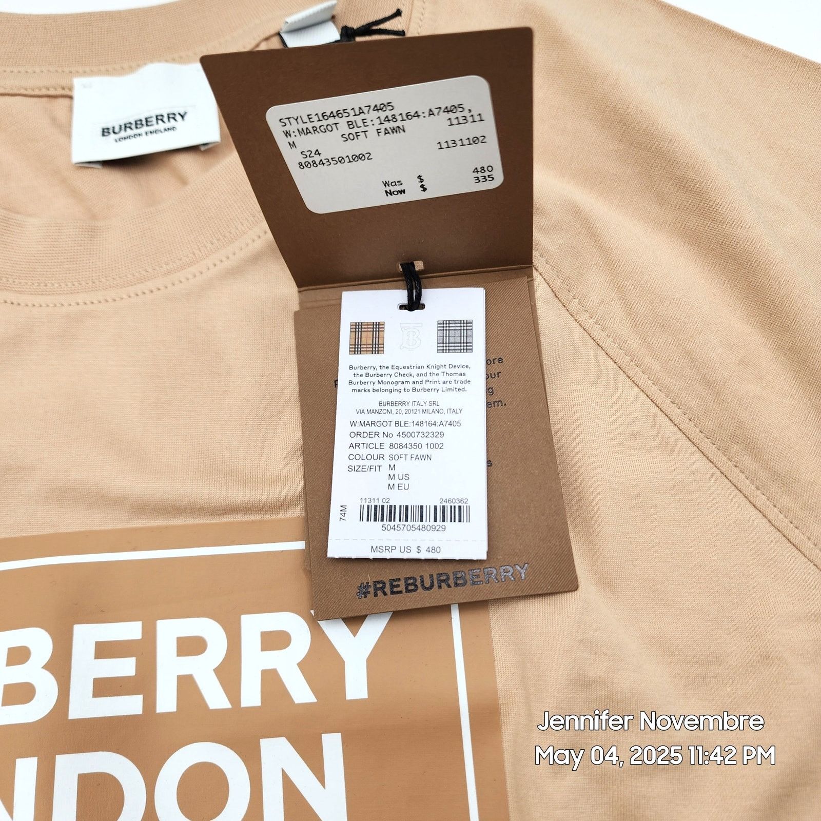 Burberry WOMEN'S BURBERRY SANTO LOGO T-SHIRT/SOFT FAWN/MEDIUM $480 Size M / US 6-8 / IT 42-44 - 16 Thumbnail