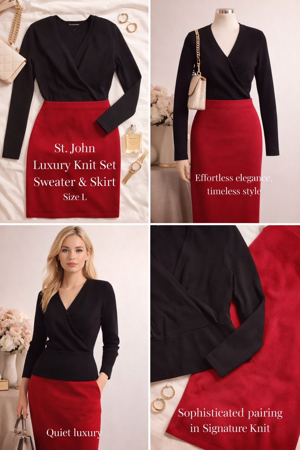 St. John St. John Knit Black Wrap Sweater & Red Pencil Skirt Set Size ONE SIZE - 1 Thumbnail