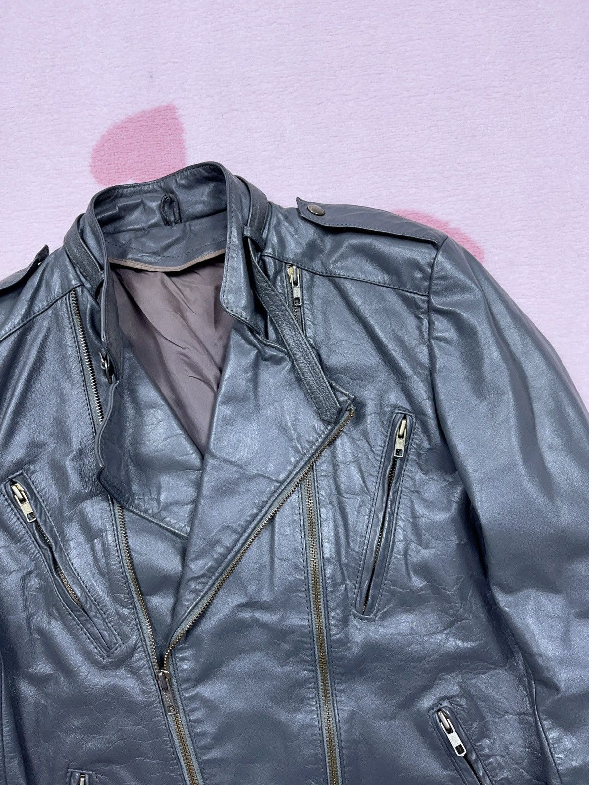Genuine Leather ➕ vintage 80s/90s multi zip ramones leather gray jacket Size XS / US 0-2 / IT 36-38 - 2 Thumbnail