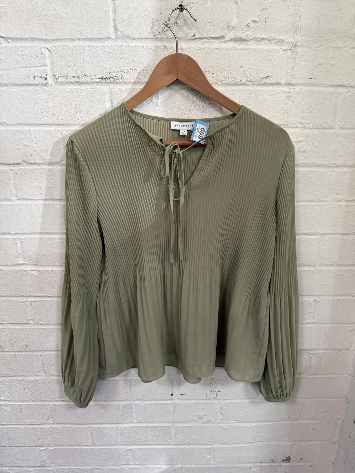Warehouse Warehouse Olive Green Pleated Long Sleeve Top - Size 12 Size XL / US 12-14 / IT 48-50 - 1 Thumbnail