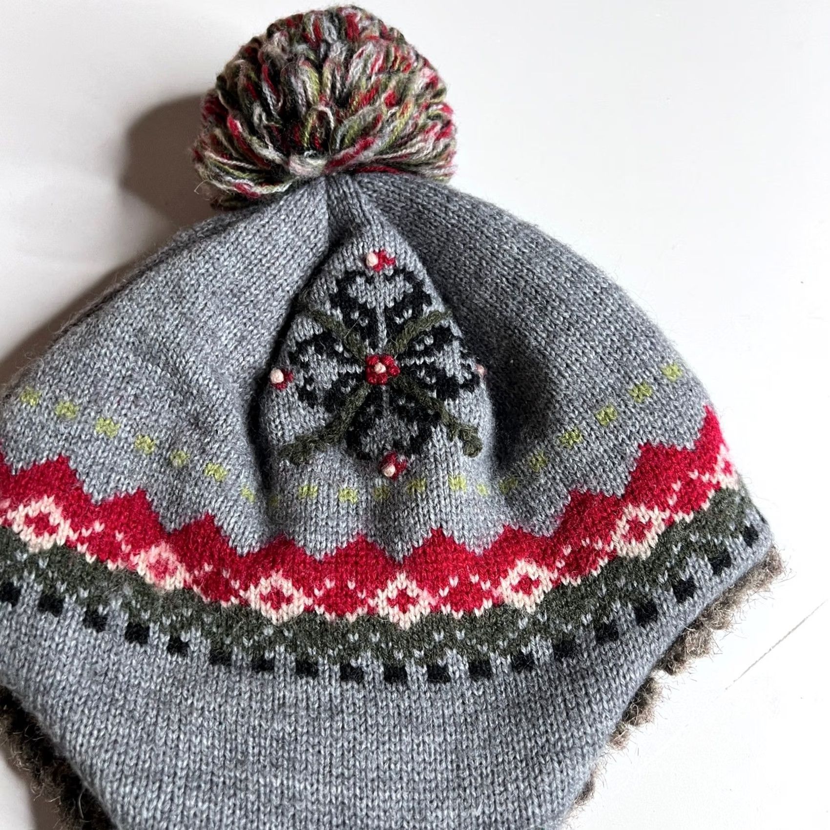 Vintage Woolrich Fair Isle Knit Trapper Hat - Gray, Red, Green - Faux Fur Lined Earflap Beanie with Pom Pom, Tassels - Wool Blend - Winter, Women, One Size Size ONE SIZE - 5 Thumbnail