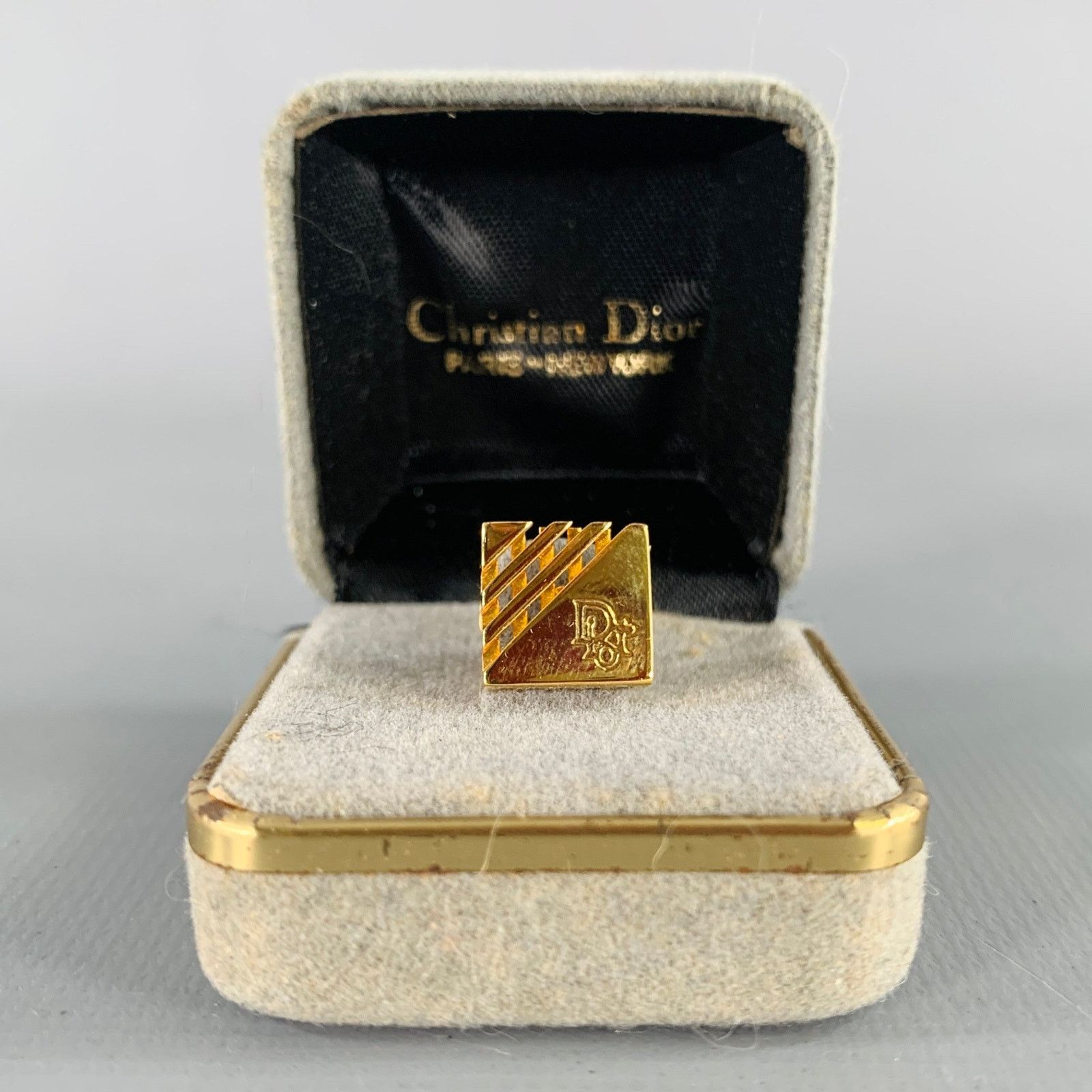 CHRISTIAN DIOR Gold Metal Engraved Monogram Brooch Pin