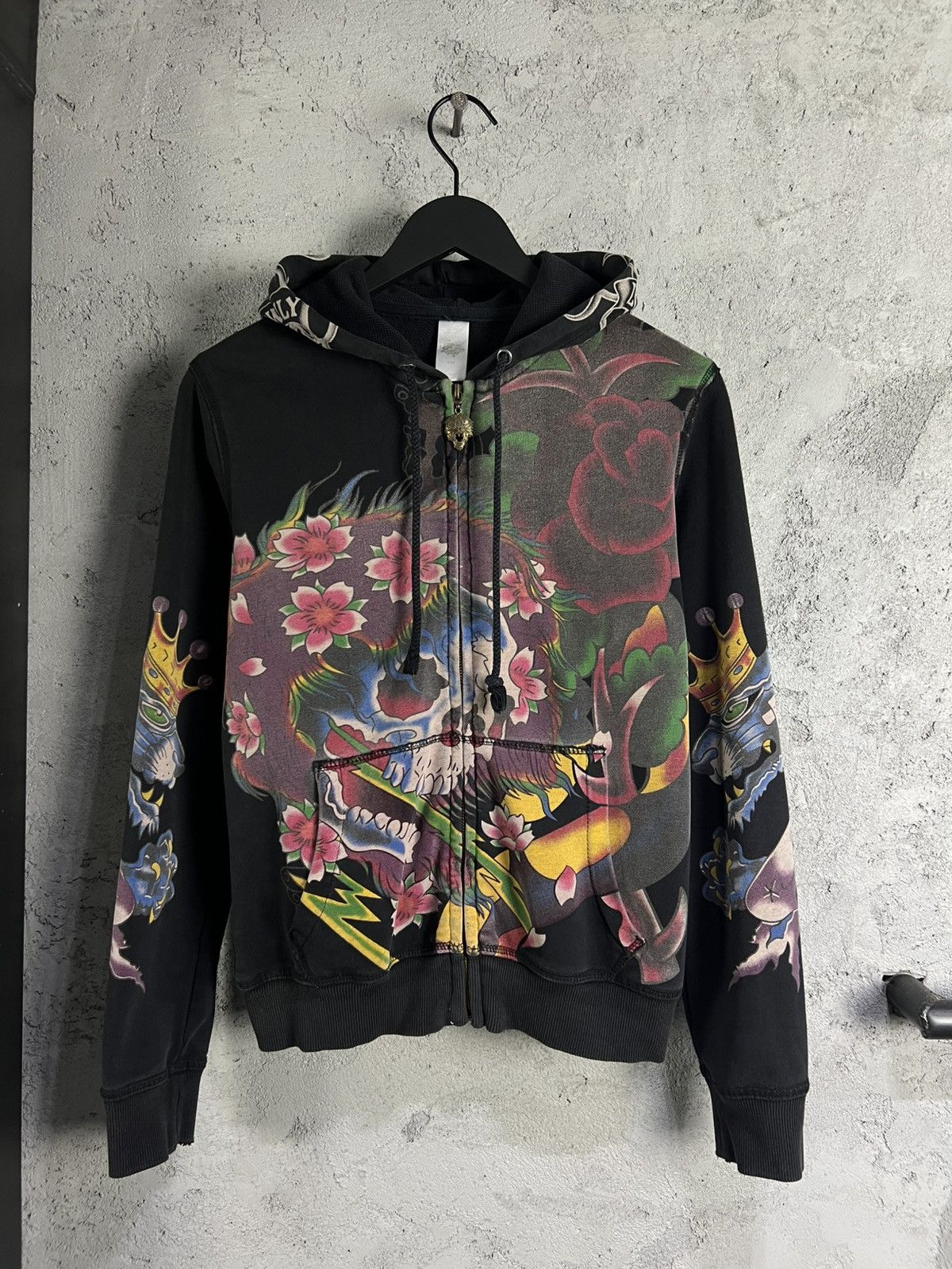 Ed Hardy Women’s Vintage Ed Hardy Rhinestone Faded Black Hoodie S Size S / US 4 / IT 40 - 1 Thumbnail