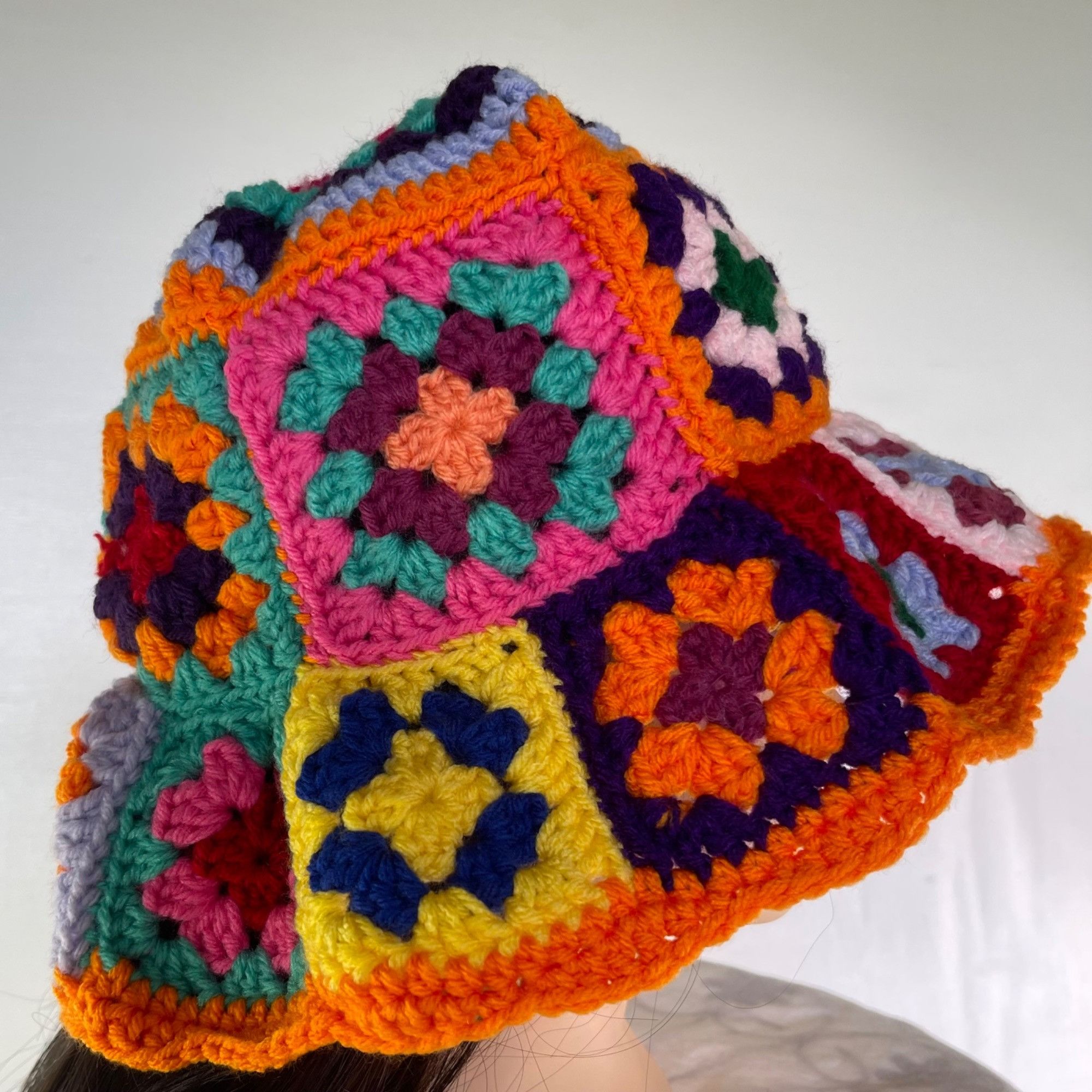 Handmade Crochet Bucket Hat Granny Square Pattern Multicolored Adult Size ONE SIZE - 4 Thumbnail