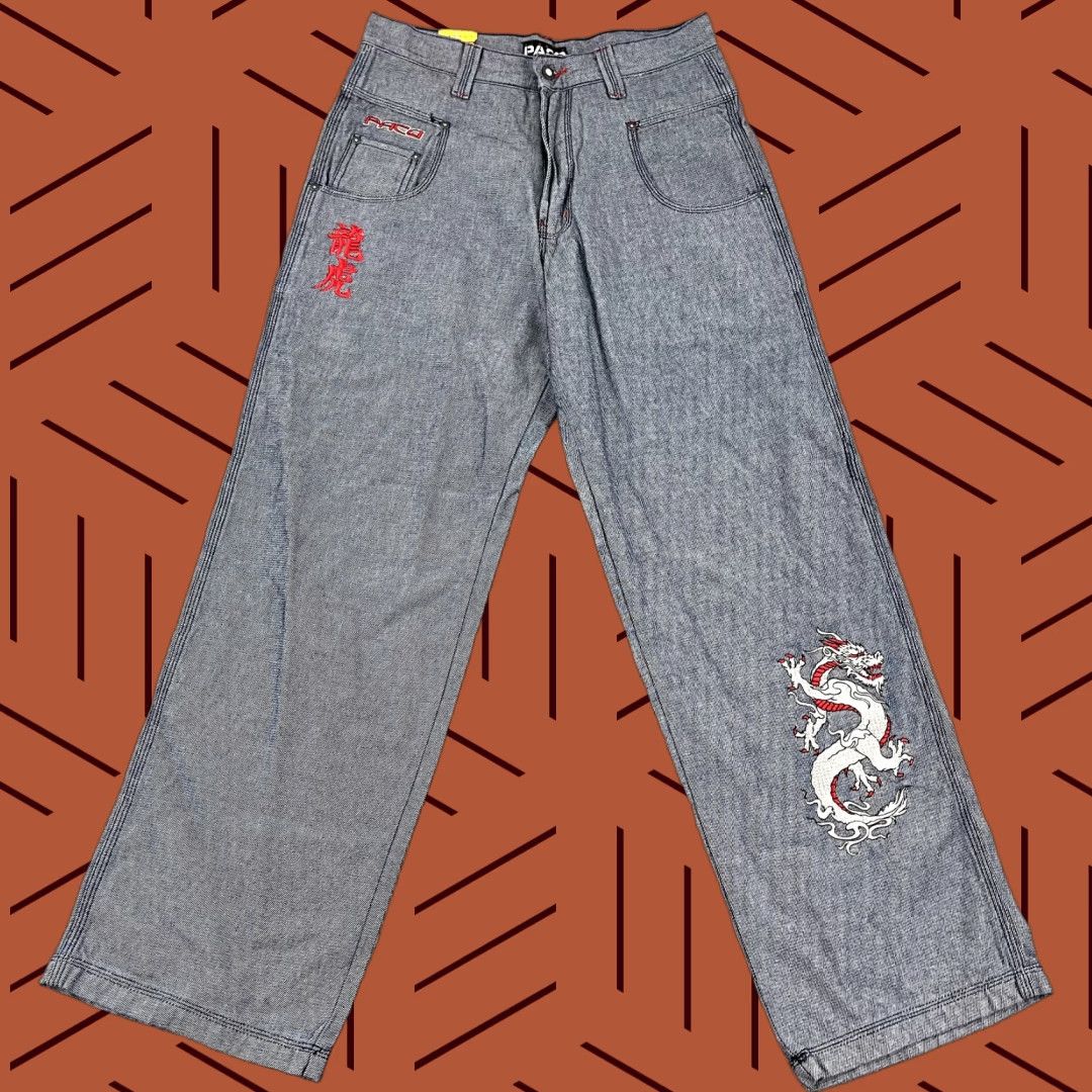 Vintage VINTAGE PACO Jeans Mens 31 x 31 Hip Hop Wide Skater Dragon Tiger Embroidered Y2K Blue Mens Size US 31 - 1 Thumbnail