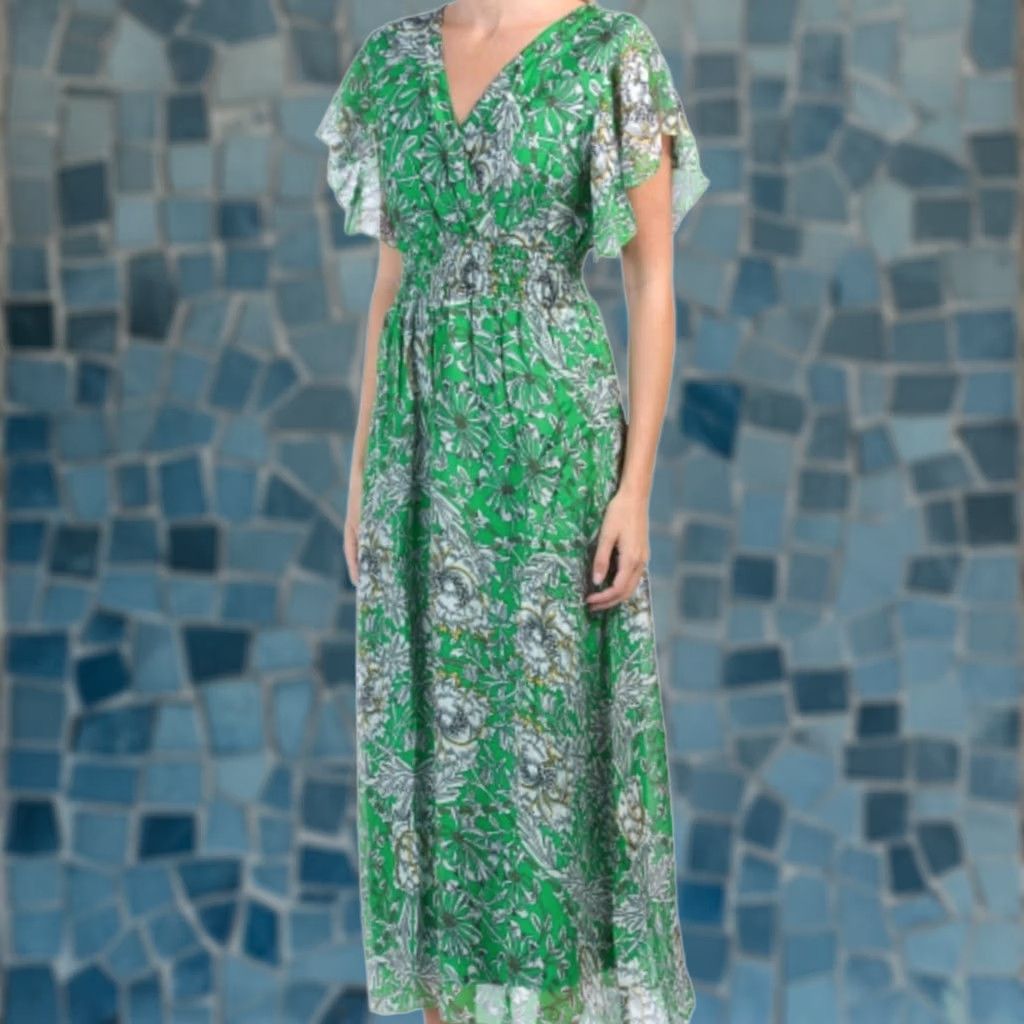 Vintage Le Ragazze Green Floral Maxi Dress Airy Silk Blend SE013-21 Women's Size L New Size L / US 10 / IT 46 - 1 Thumbnail