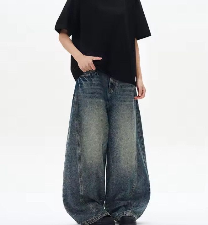 Jean Blue Washed Wide Leg Denim Jeans, Oversized Jeans Size US 27 - 1 Thumbnail
