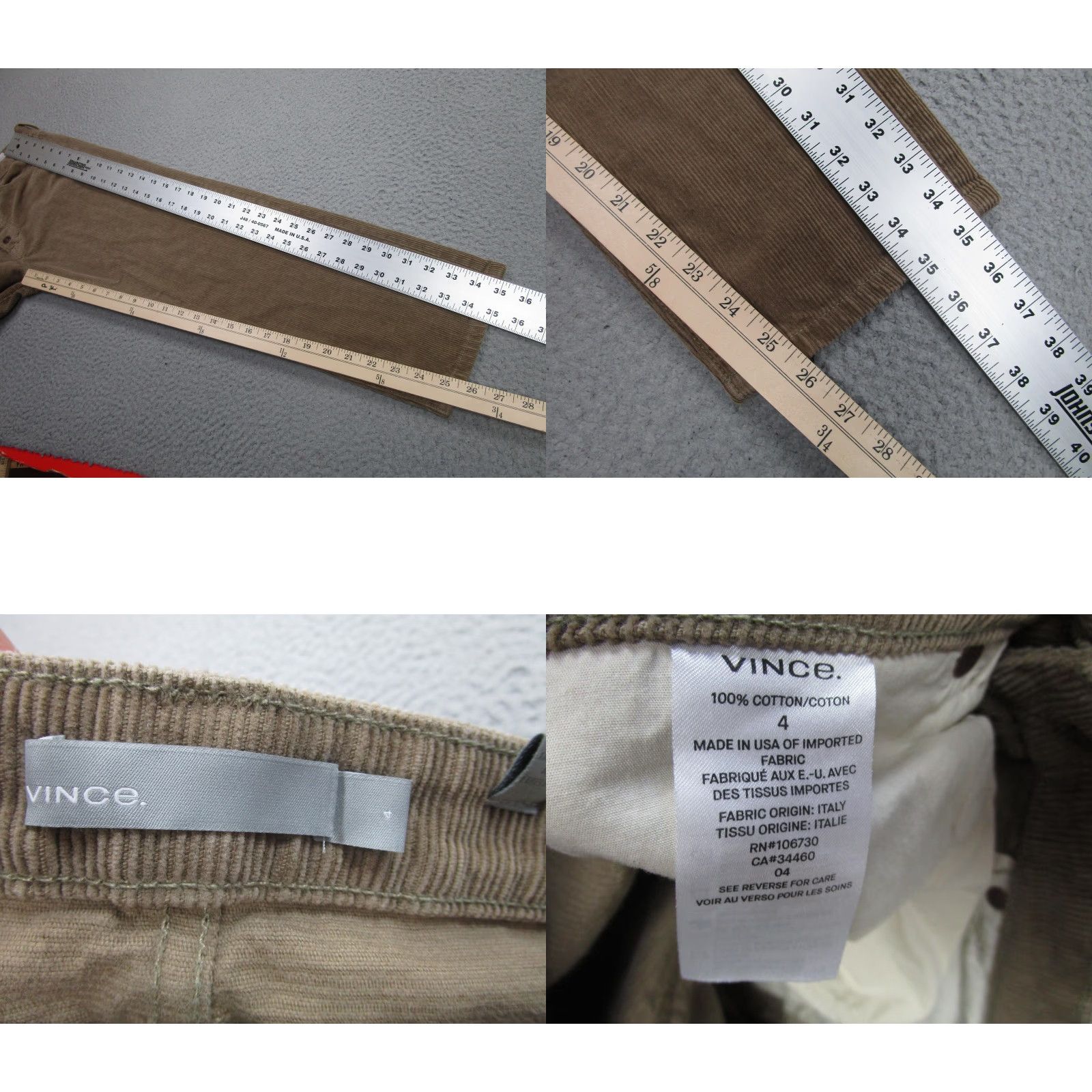 Vince Vince Womens 4 Beige Corduroy Straight Leg Pants Button Fly Casual Pants Size 27" / US 4 / IT 40 - 8 Thumbnail