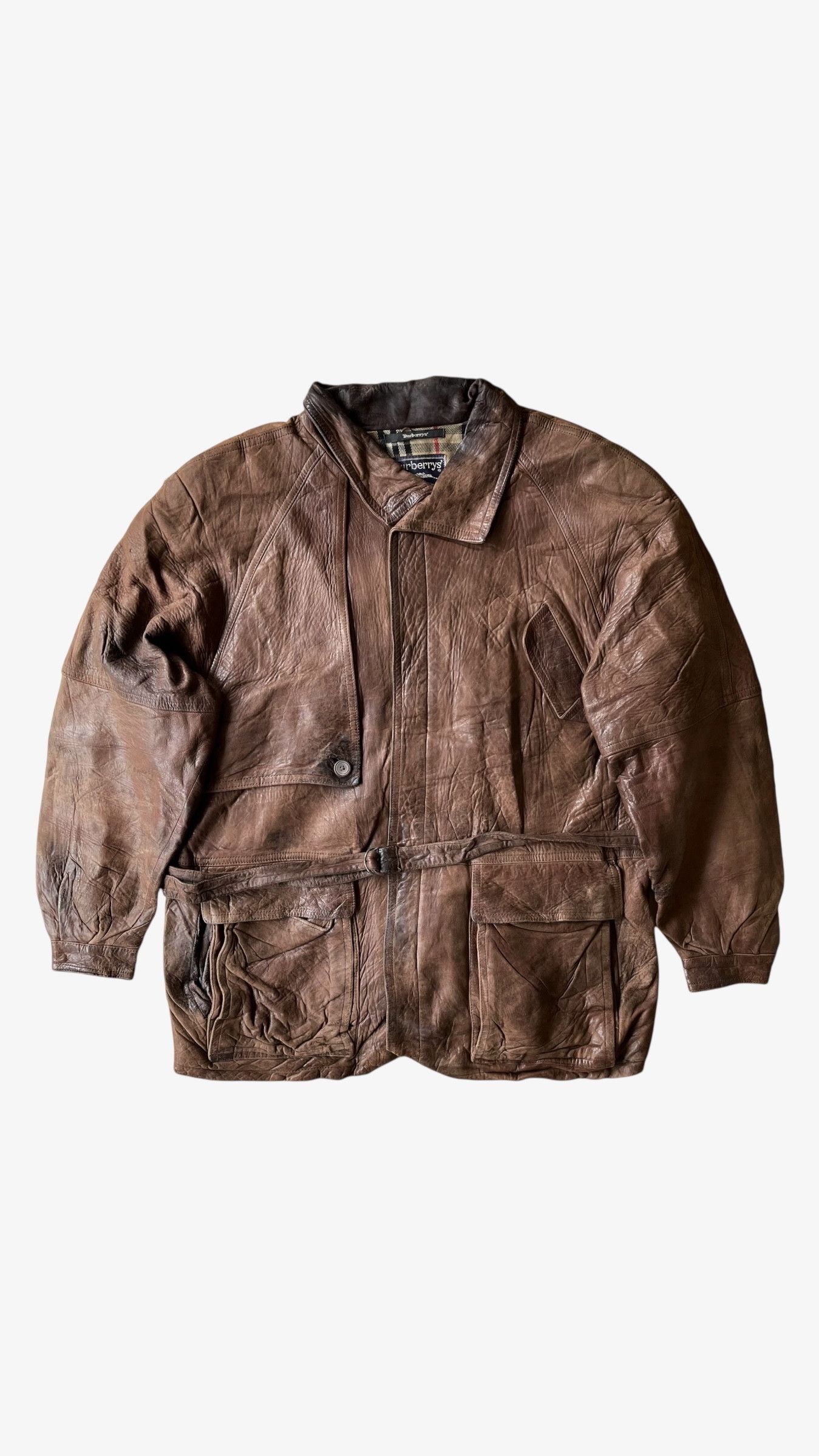 Vintage 80s Men's Burberry Brown Leather Utility Jacket