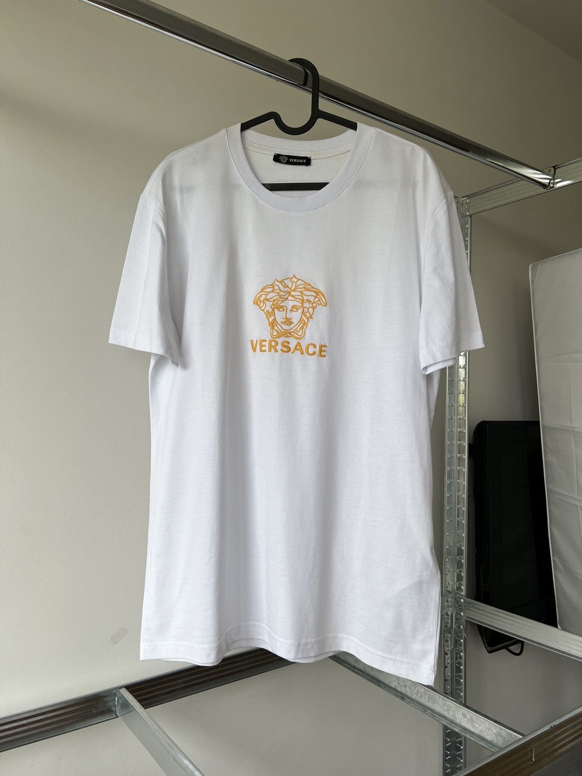 image of Gianni Versace Medusa Big Gold Logo Slim Fit White Tee Shirt, Men's (Size XL)