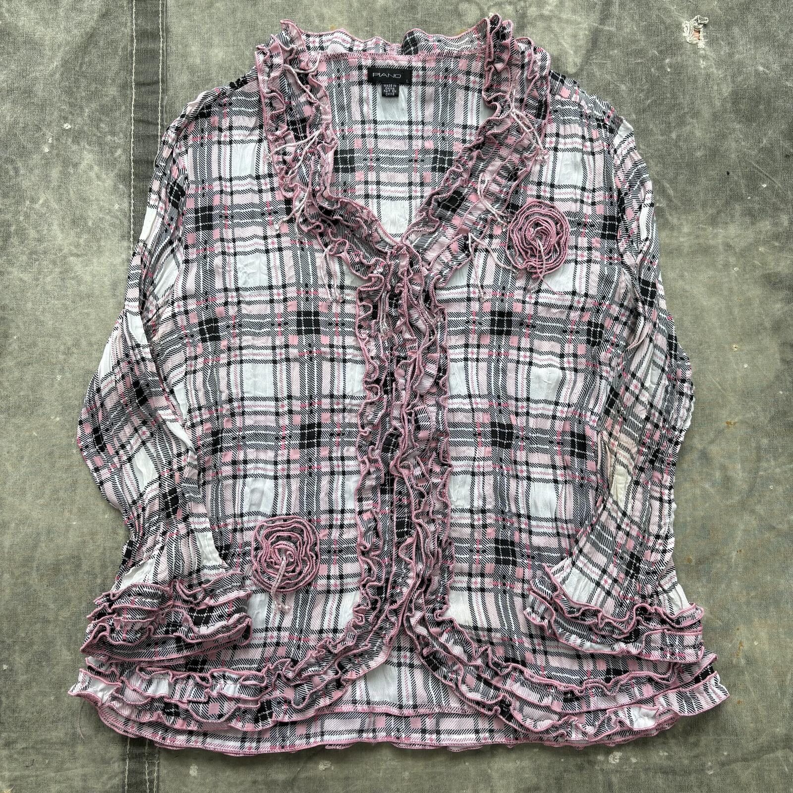 Vintage Vintage Y2K Pink Plaid Pleated Ruffled Rose Beaded Blouse Size L / US 10 / IT 46 - 1 Thumbnail